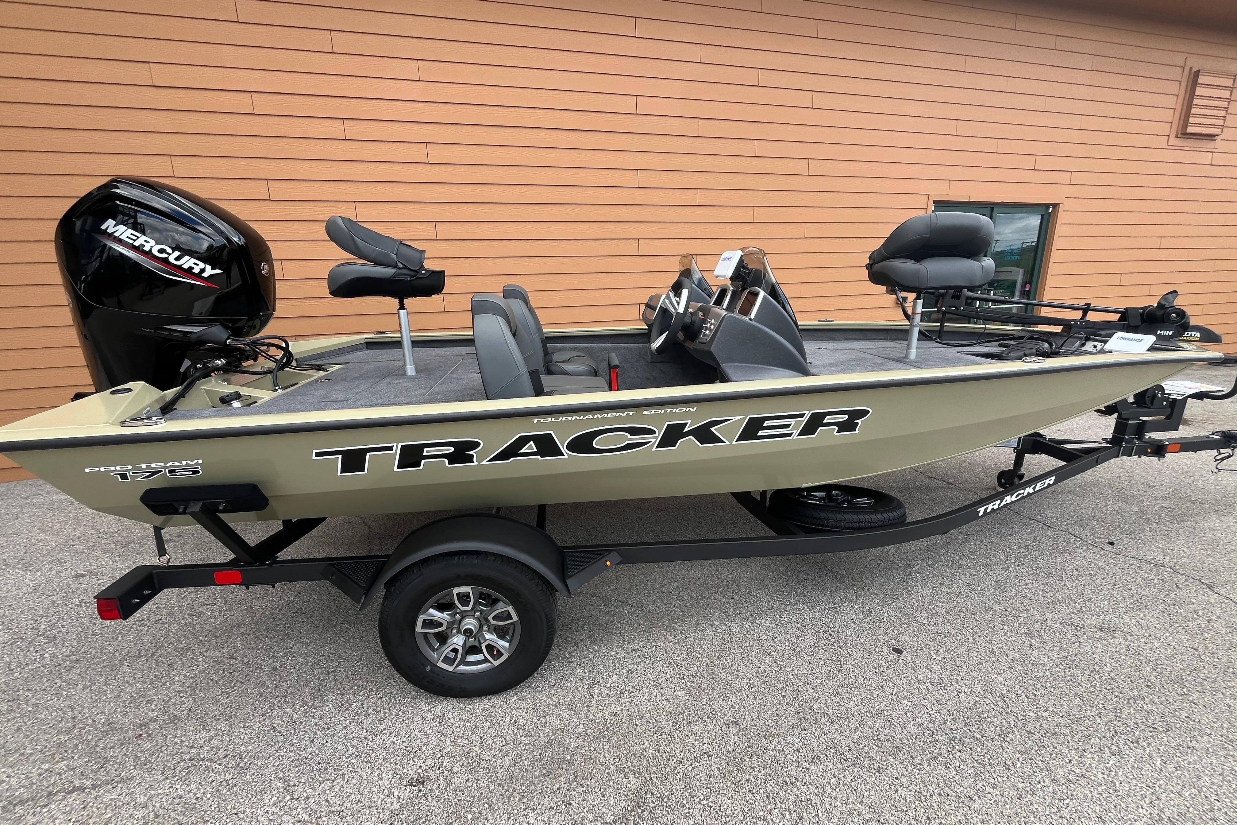 2026 Tracker Pro Team 175 fishing boat with Mercury engine on trailer.