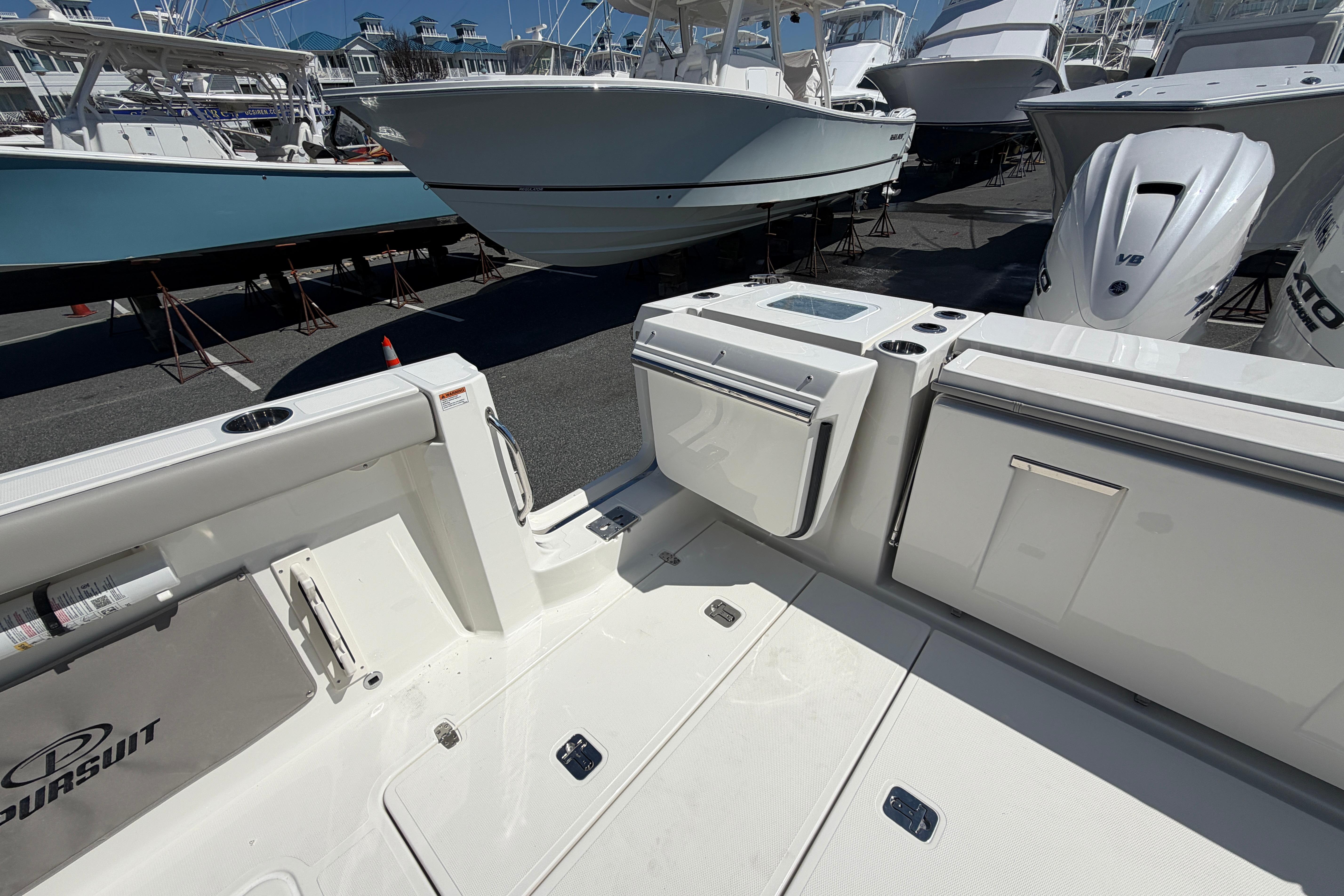 2026 Pursuit S 358 Sport boat interior with sleek design and modern amenities.