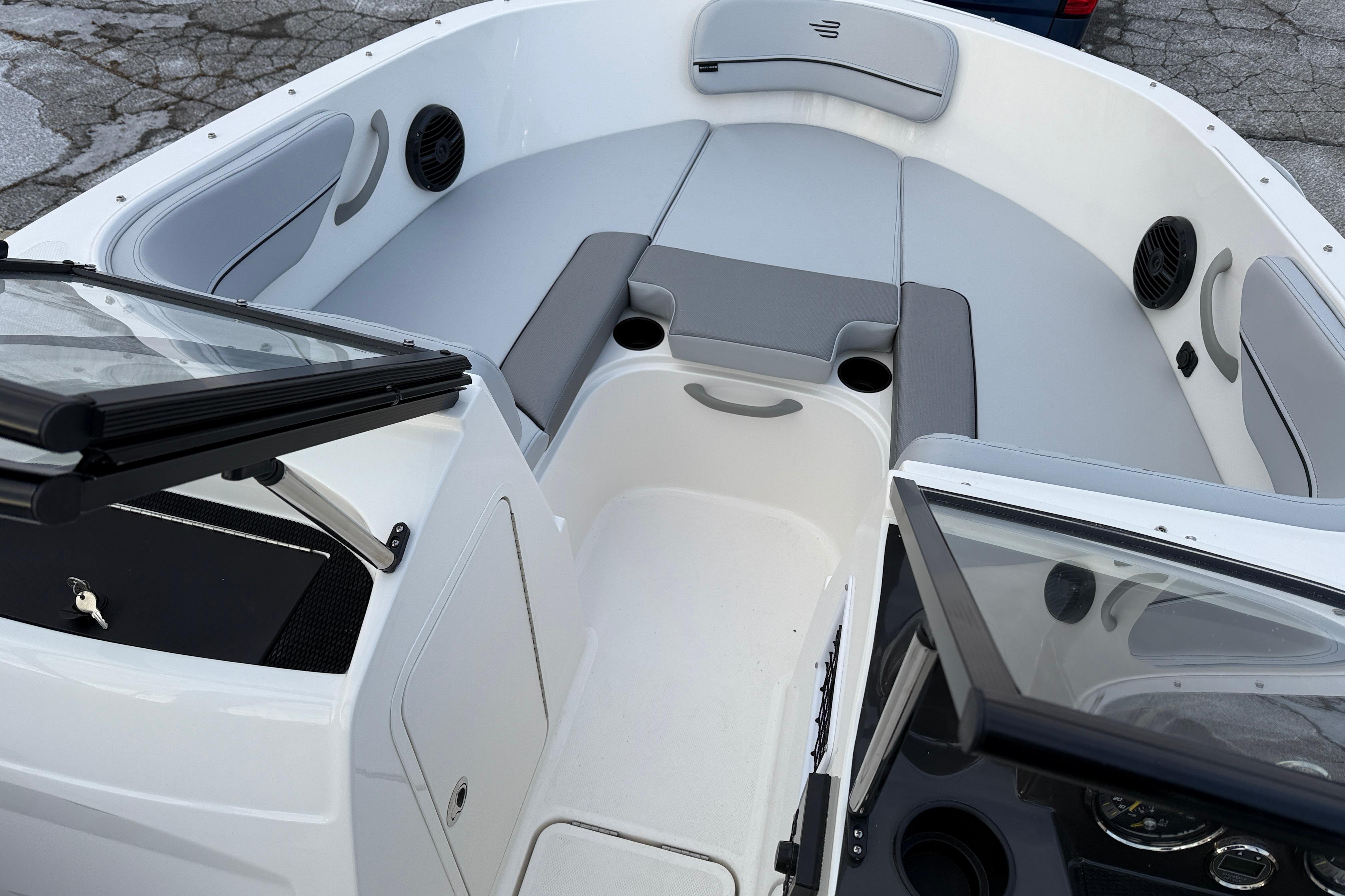 2026 Bayliner VR4 Bowrider OB interior with gray seating and modern design.
