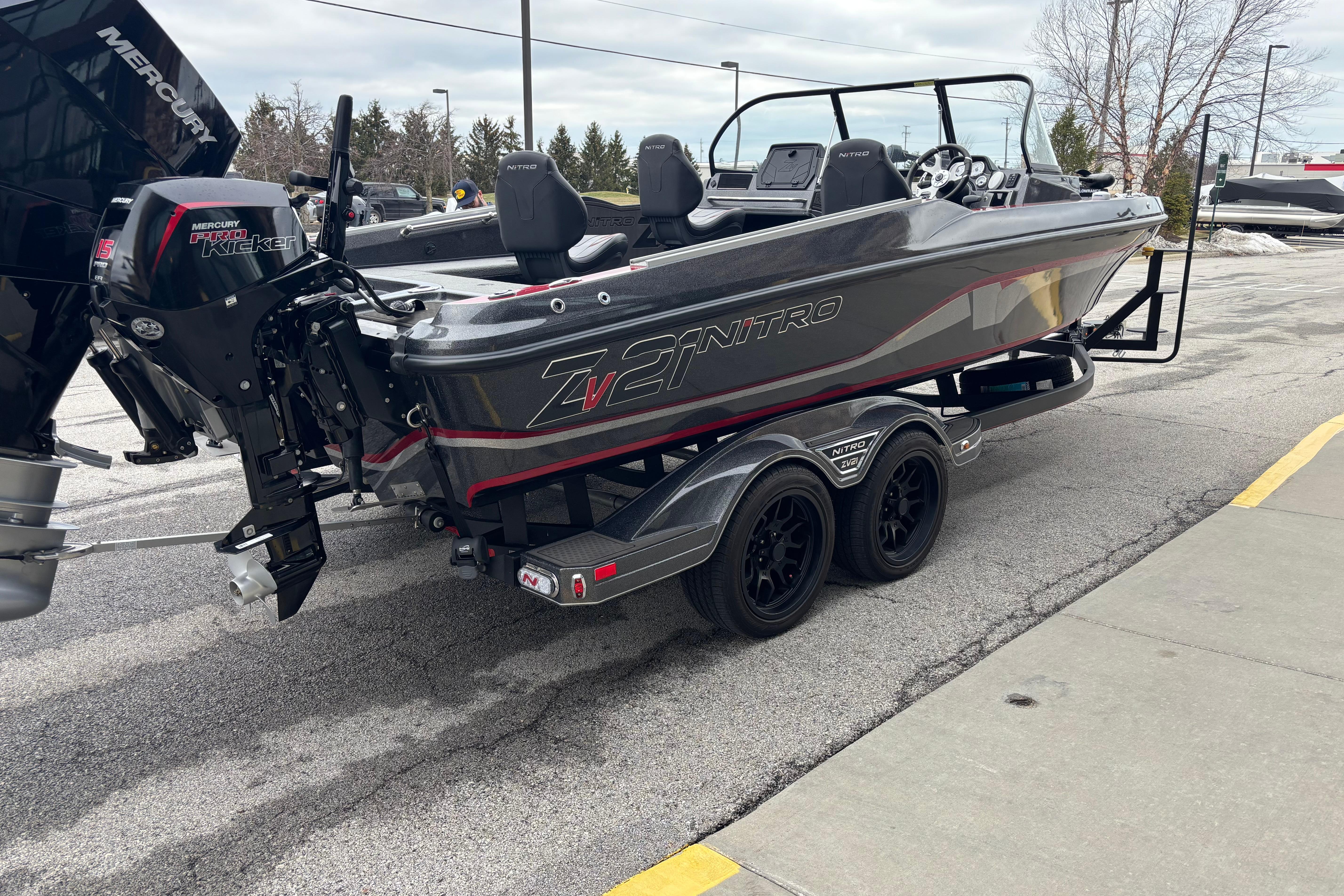2024 Nitro ZV21 Pro boat on trailer, featuring Mercury Pro XS engine.
