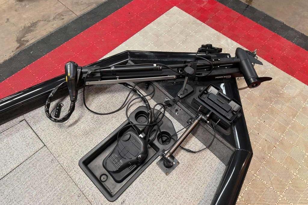 2024 Tracker Pro Team 175 boat deck with trolling motor and foot pedal controls.