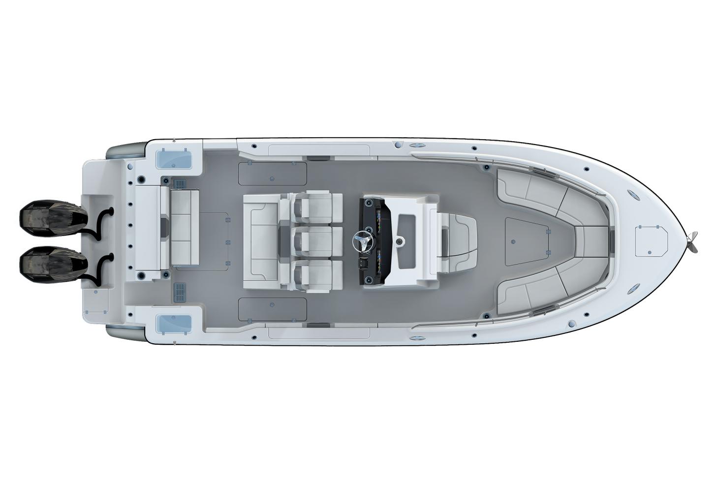 Manufacturer Provided Image: 2025 Robalo R300 Center Console boat, top view, dual engines, spacious deck layout.