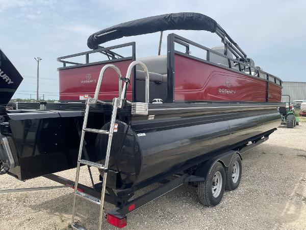 2023 Regency 250DL3 pontoon boat on trailer, featuring a sleek red and black design.