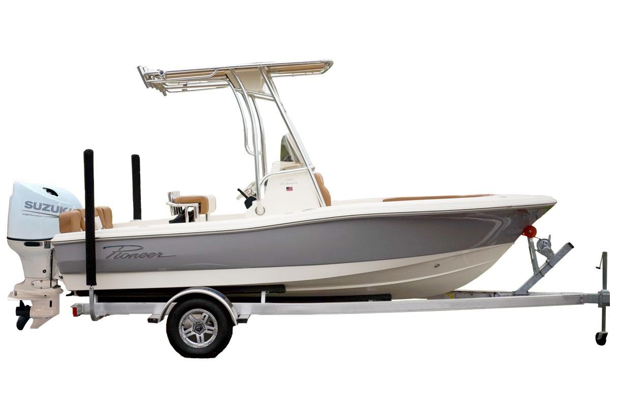 Manufacturer Provided Image: 2025 Pioneer 180 Islander boat on trailer with Suzuki outboard motor.