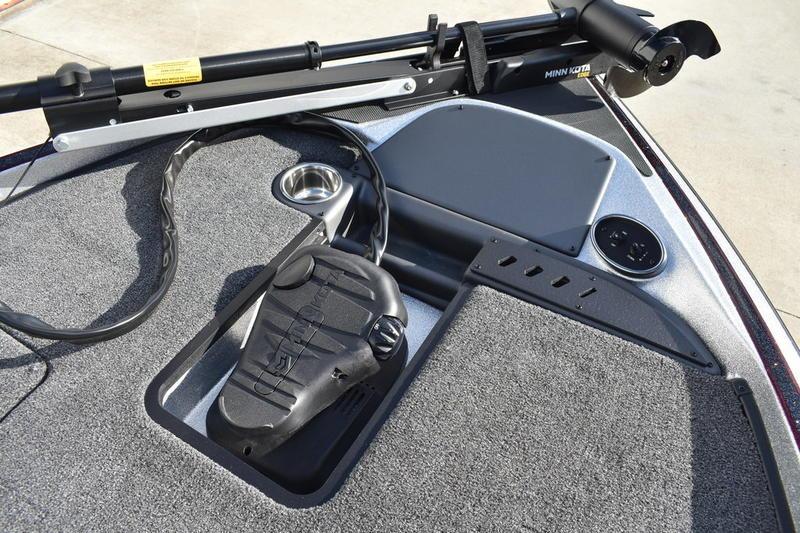 2026 Triton 179 TrX boat deck with Minn Kota trolling motor and foot pedal.