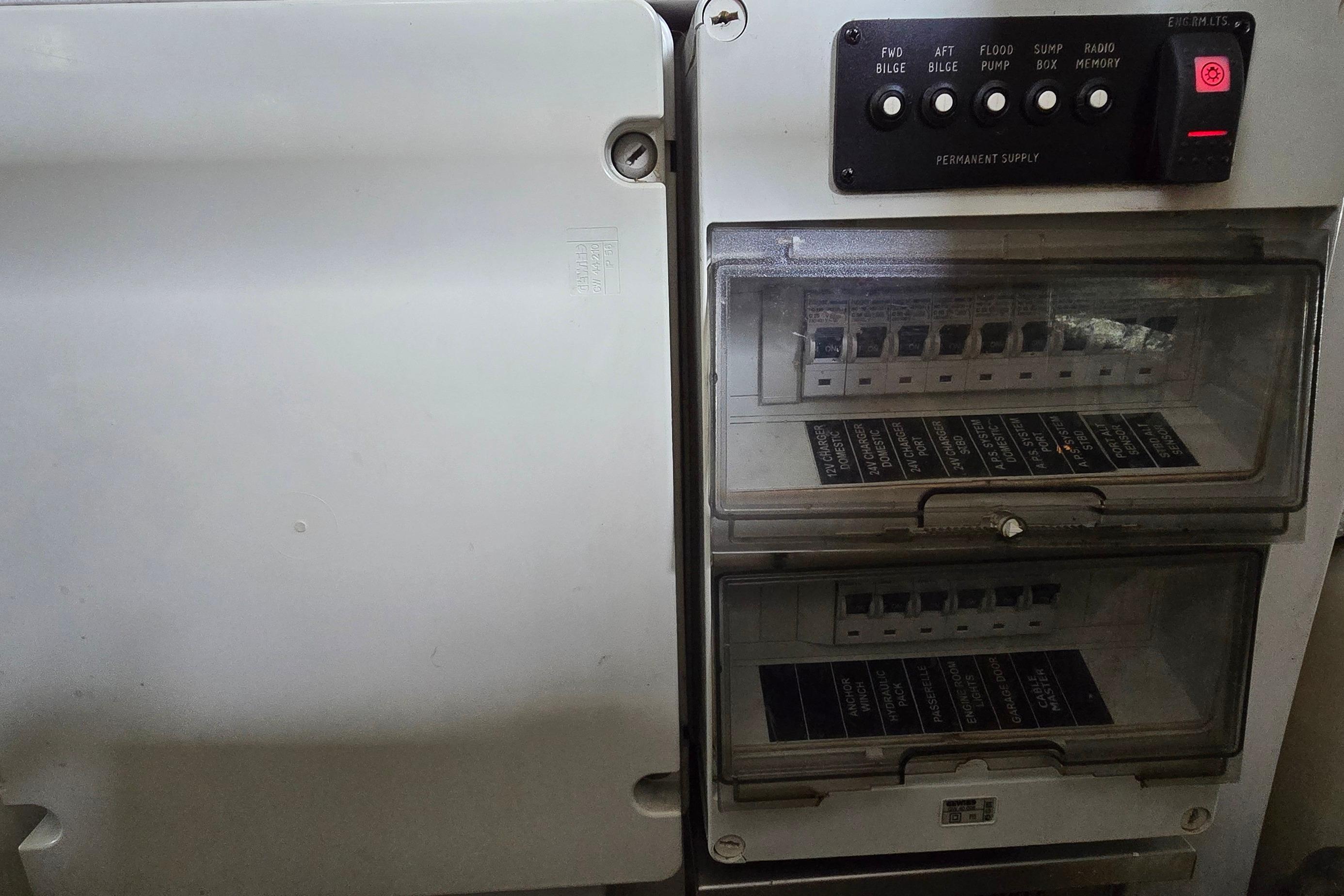 Electrical control panel on a 2004 Sunseeker Camargue 50 yacht.