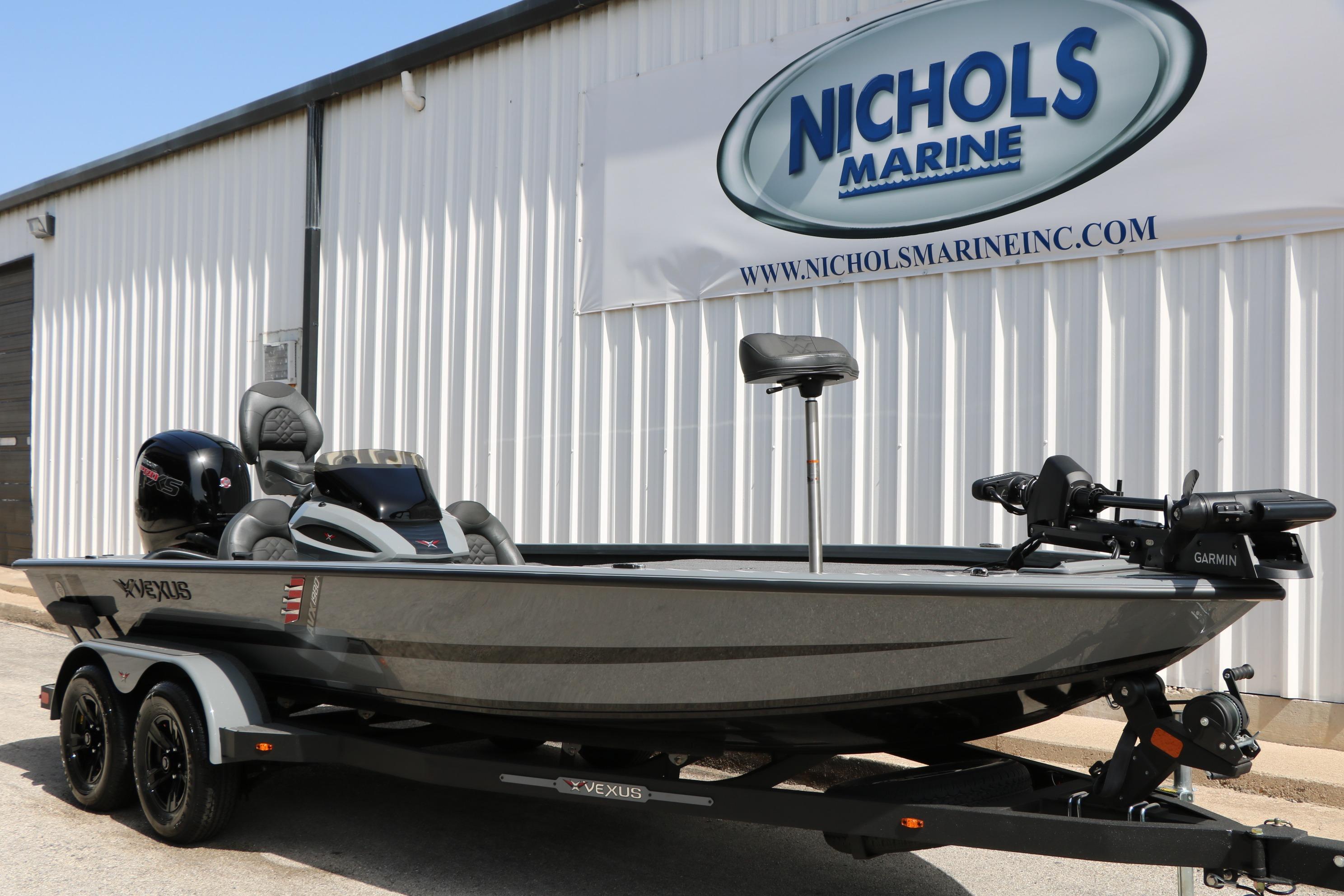 2026 Vexus AVX1980 boat at Nichols Marine dealership, featuring sleek design and advanced equipment.