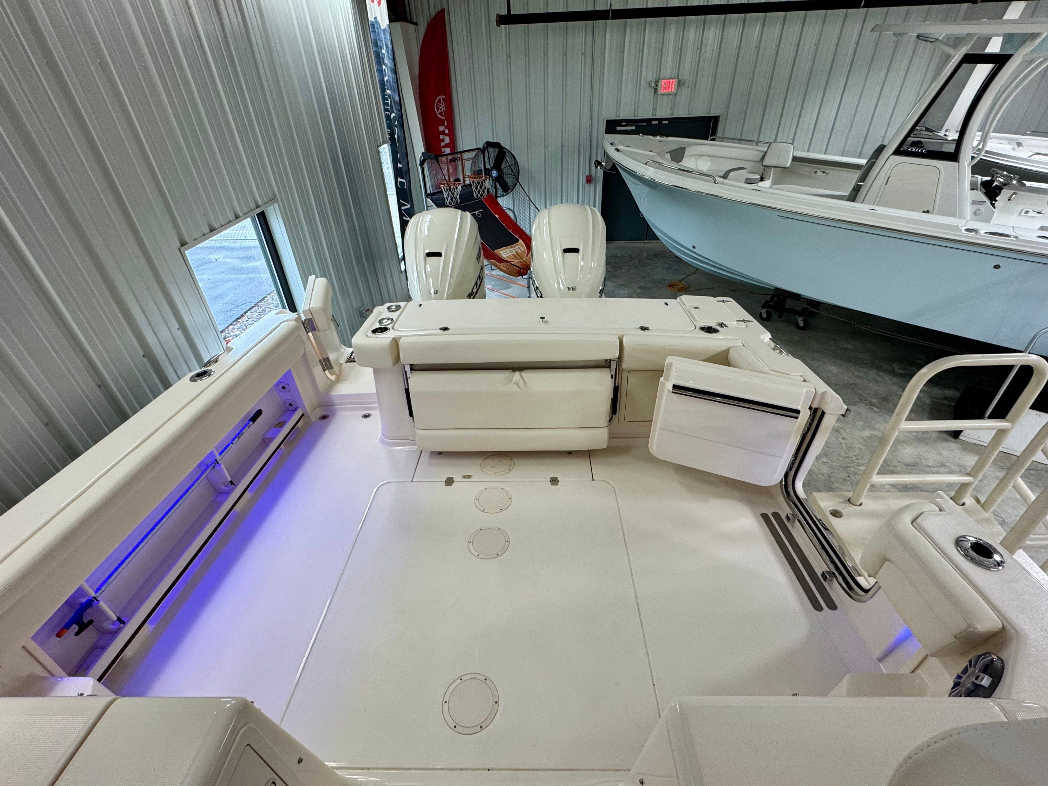 Interior view of a 2025 Grady-White Express 330 boat in storage.