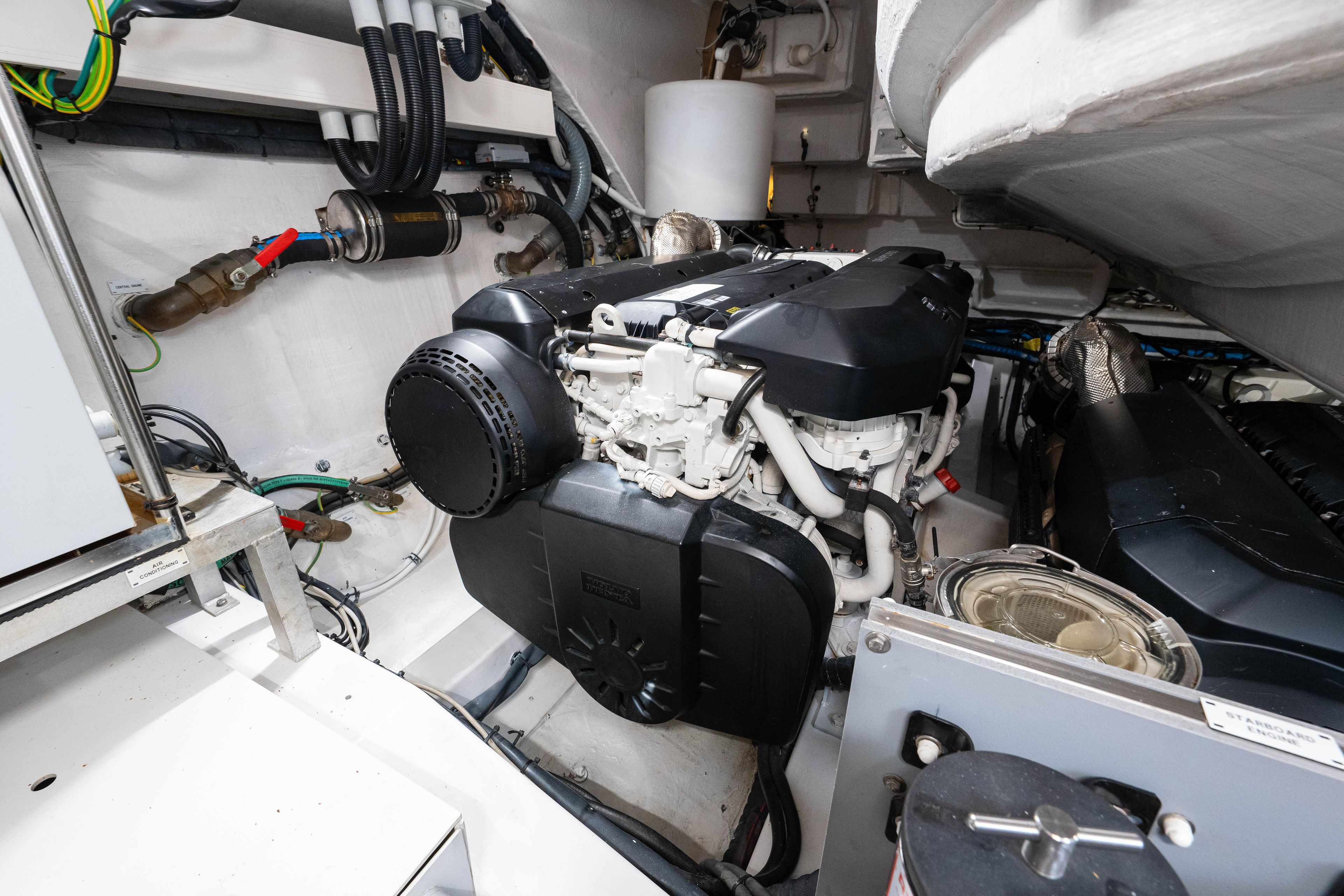 Engine room of 2020 Azimut S6 yacht, showcasing advanced machinery and components.