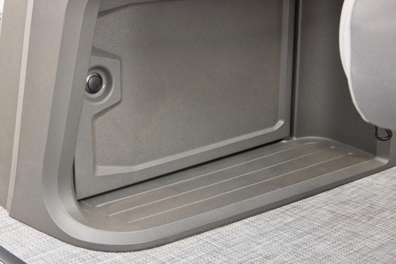 Storage compartment of 2026 Sun Tracker Party Barge 22 DLX pontoon boat.