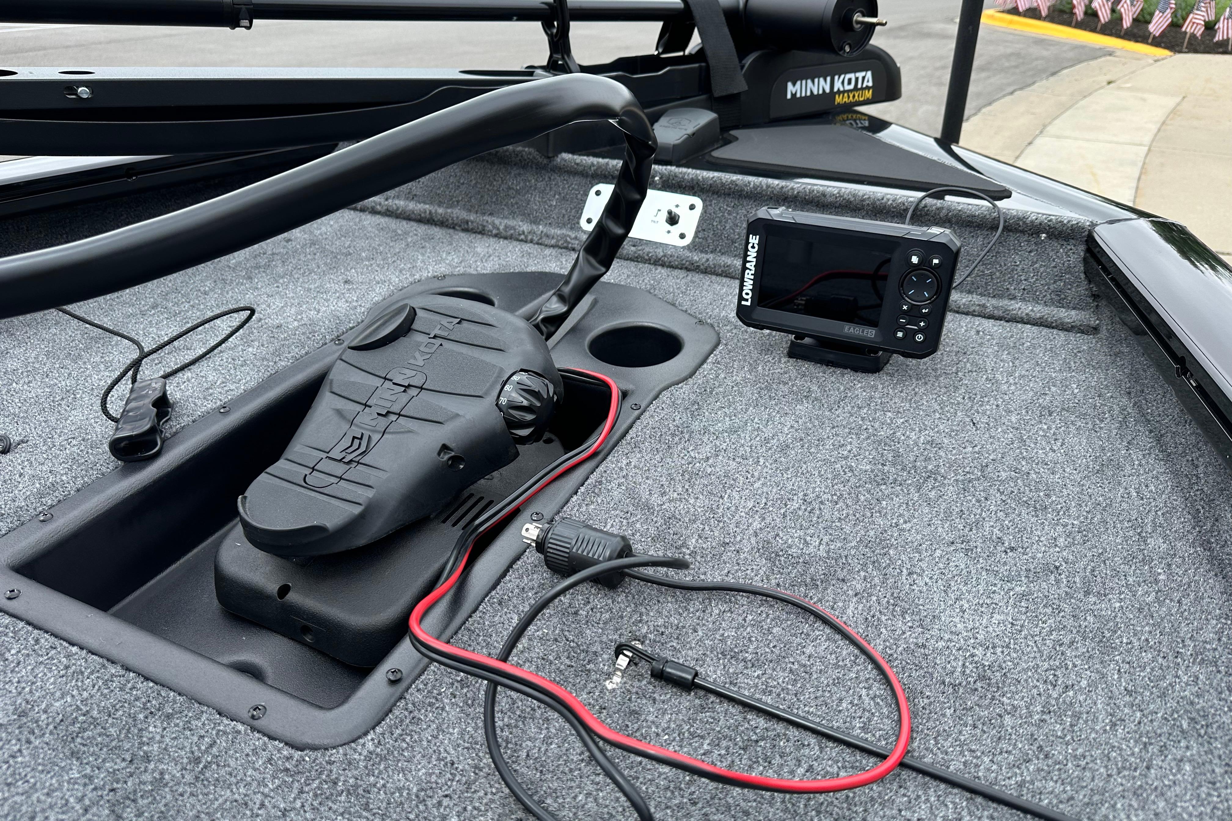 2026 Tracker Pro Team 190 boat deck with Minn Kota trolling motor and Lowrance fish finder.