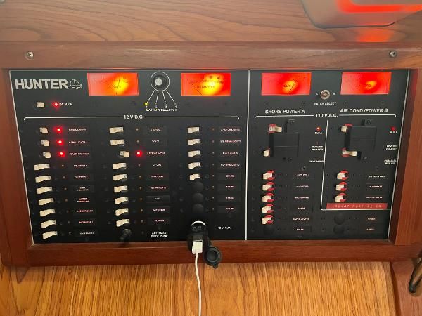 Electrical control panel on a 2000 Hunter 410 yacht.