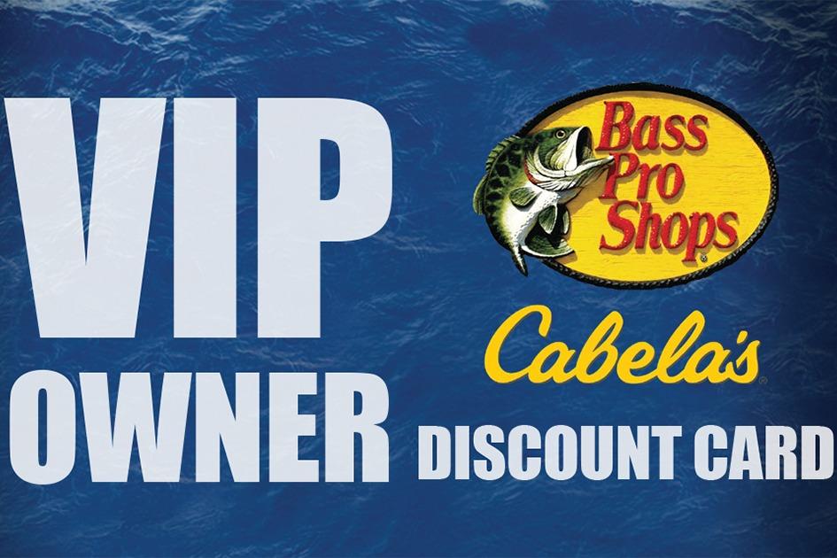 VIP Owner Discount Card for Bass Pro Shops and Cabela's, featuring Sun Tracker Bass Buggy 16 XL Select 2026.