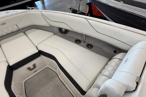 Luxurious interior of a 2027 Regal LS4 boat with white seating and modern design.