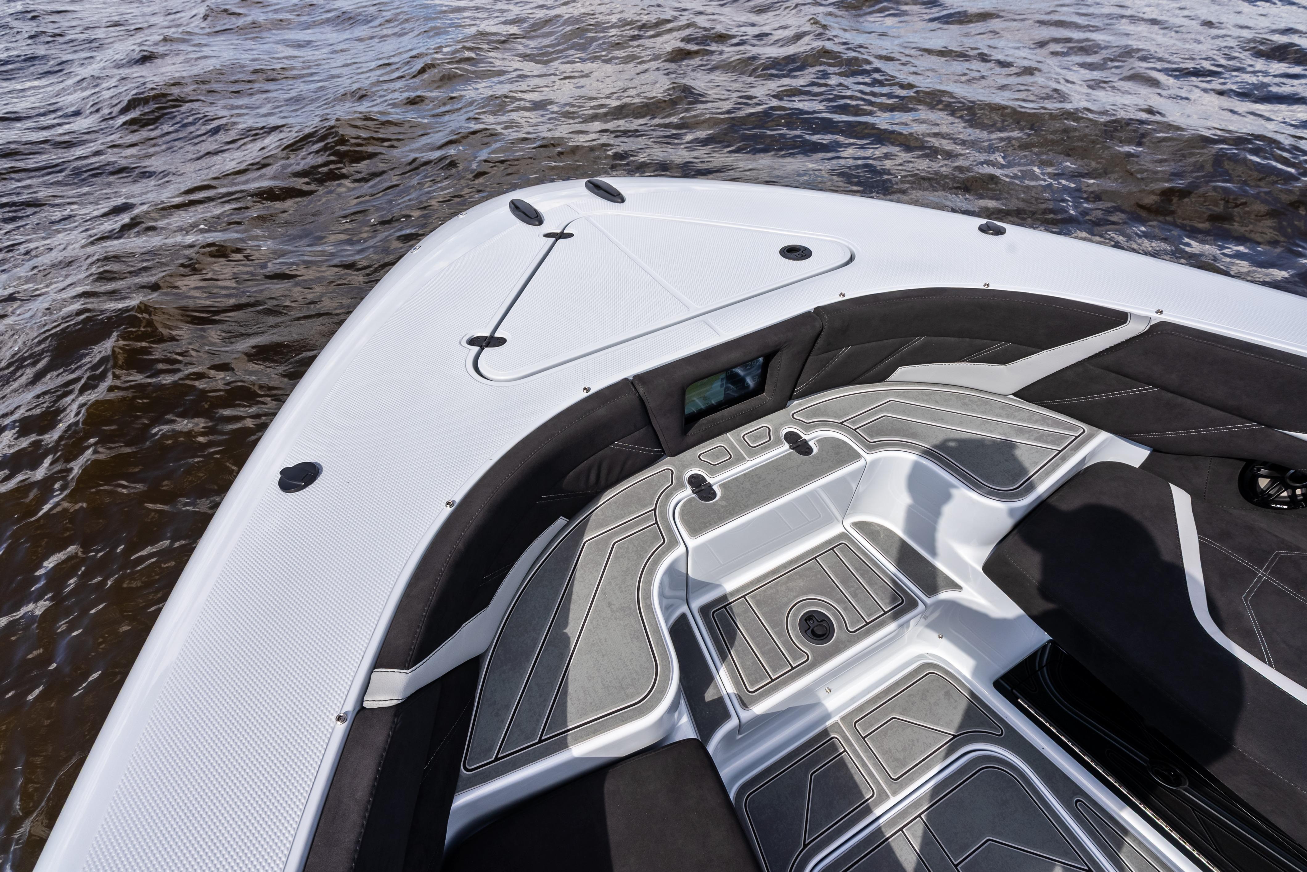 2027 Mystic Powerboats M4200 interior with sleek design and modern features on water.