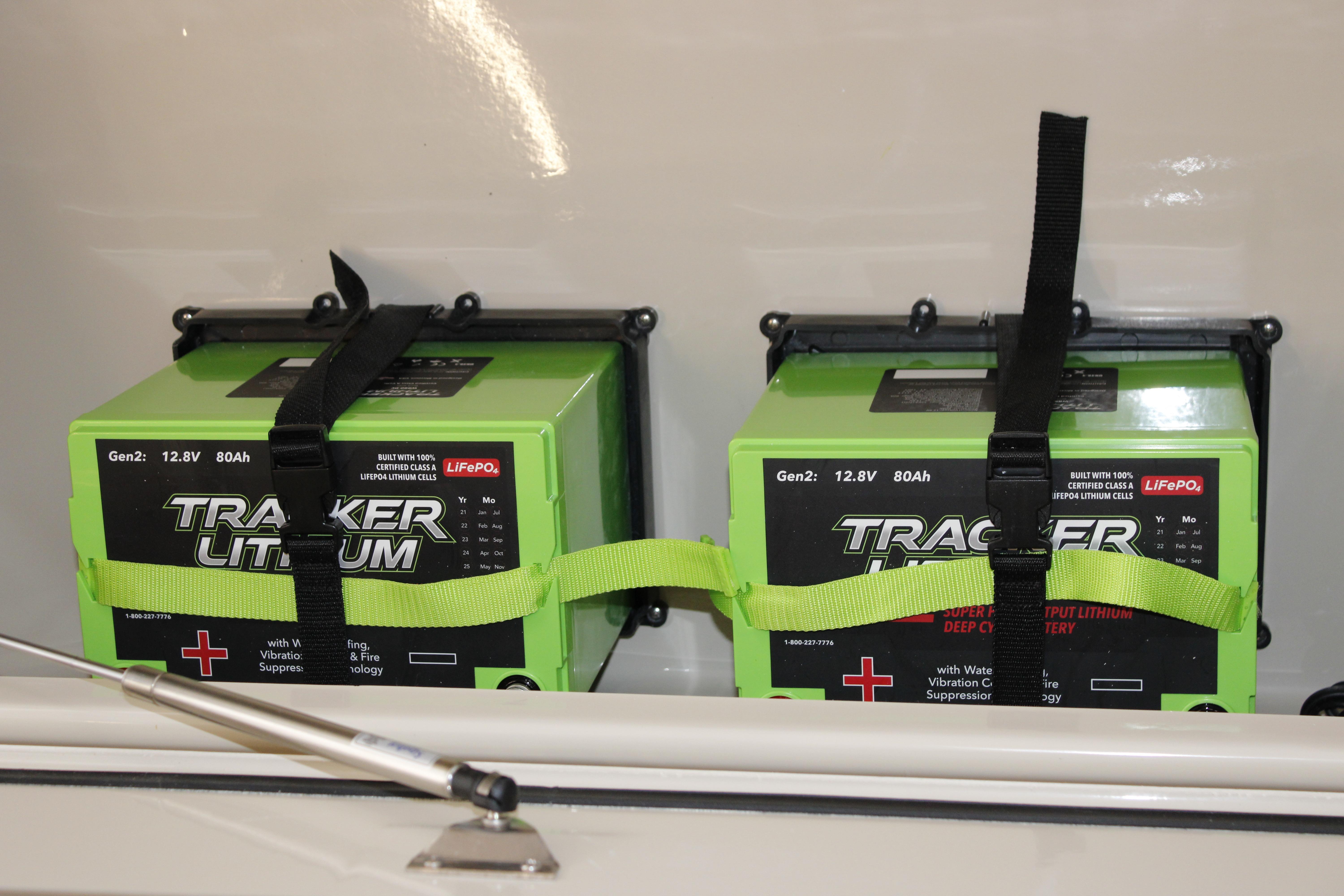 Two Tracker Lithium batteries secured in a Mako 18 Pro Skiff Backwater Edition, 2026 model.