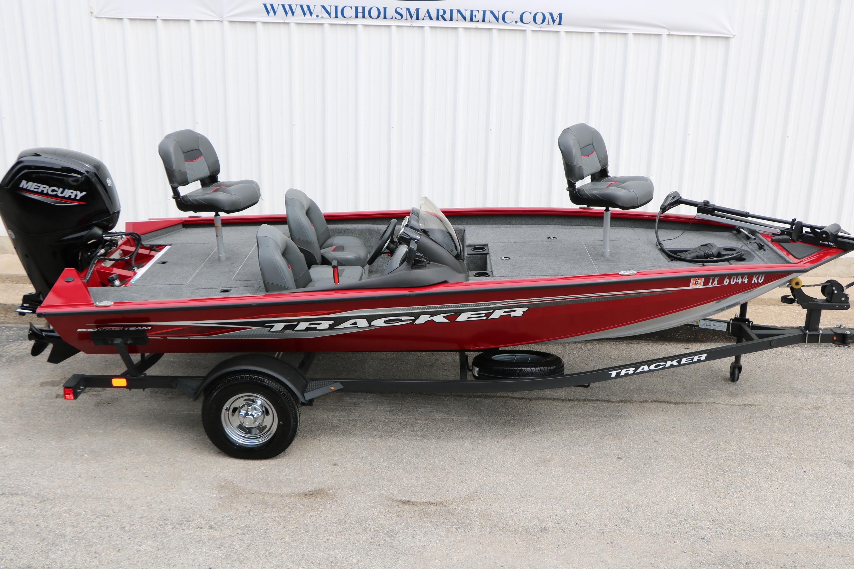 2024 Tracker Pro Team 175 boat in red, on a trailer, with Mercury engine.
