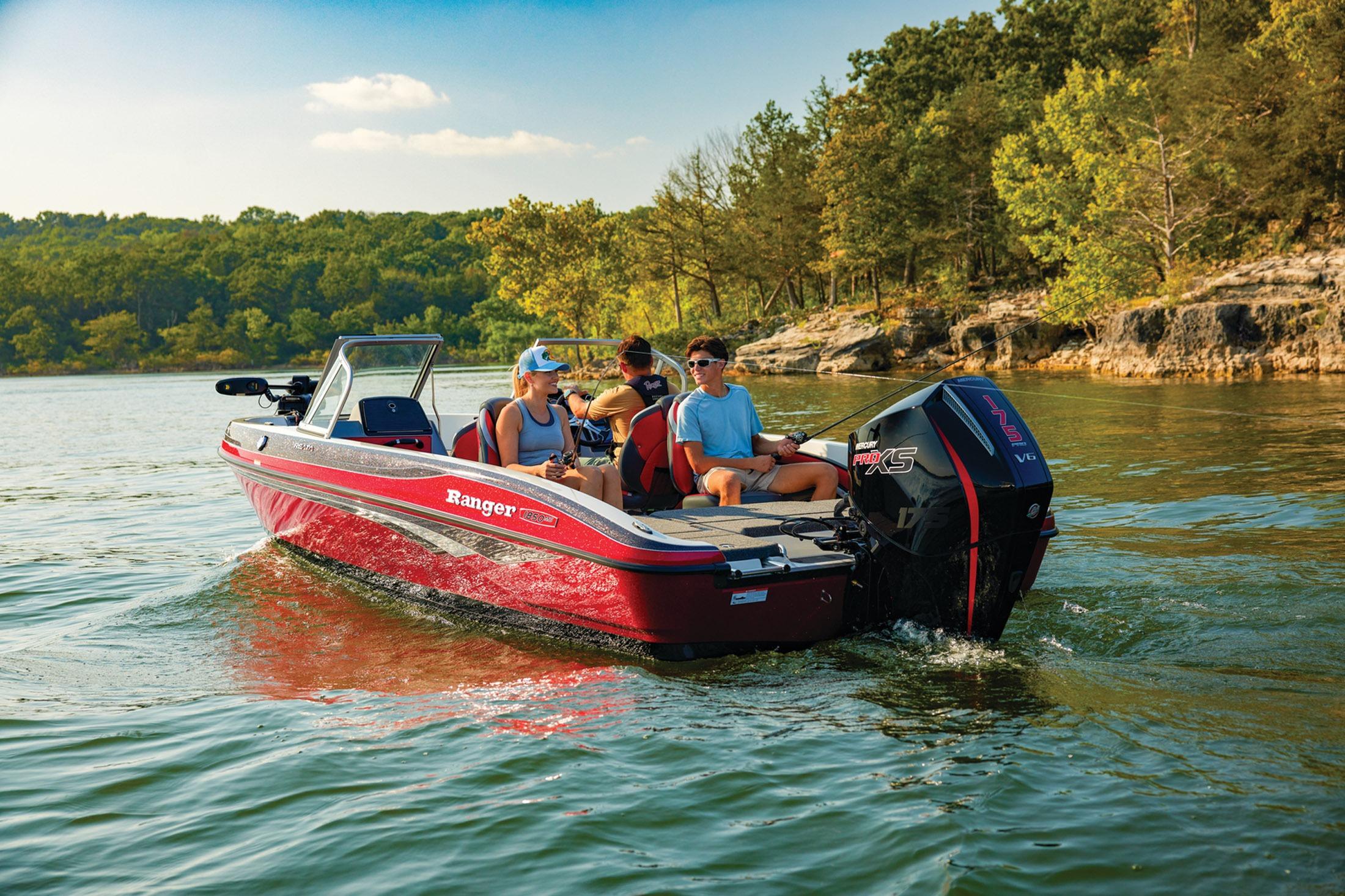 2026 Ranger 1850MS boat cruising on a scenic lake with passengers enjoying the ride.