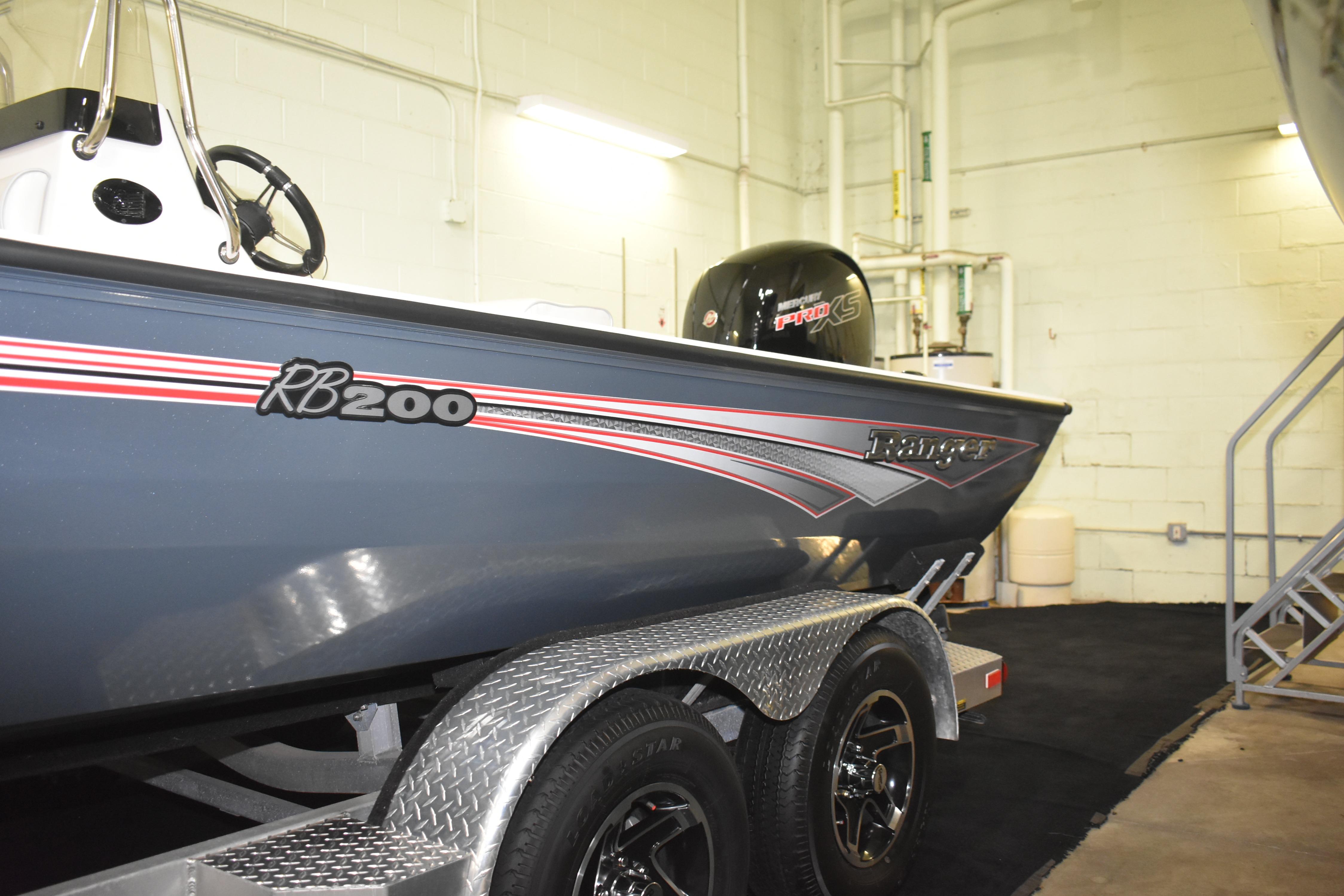 2024 Ranger RB200 boat on trailer in indoor setting.