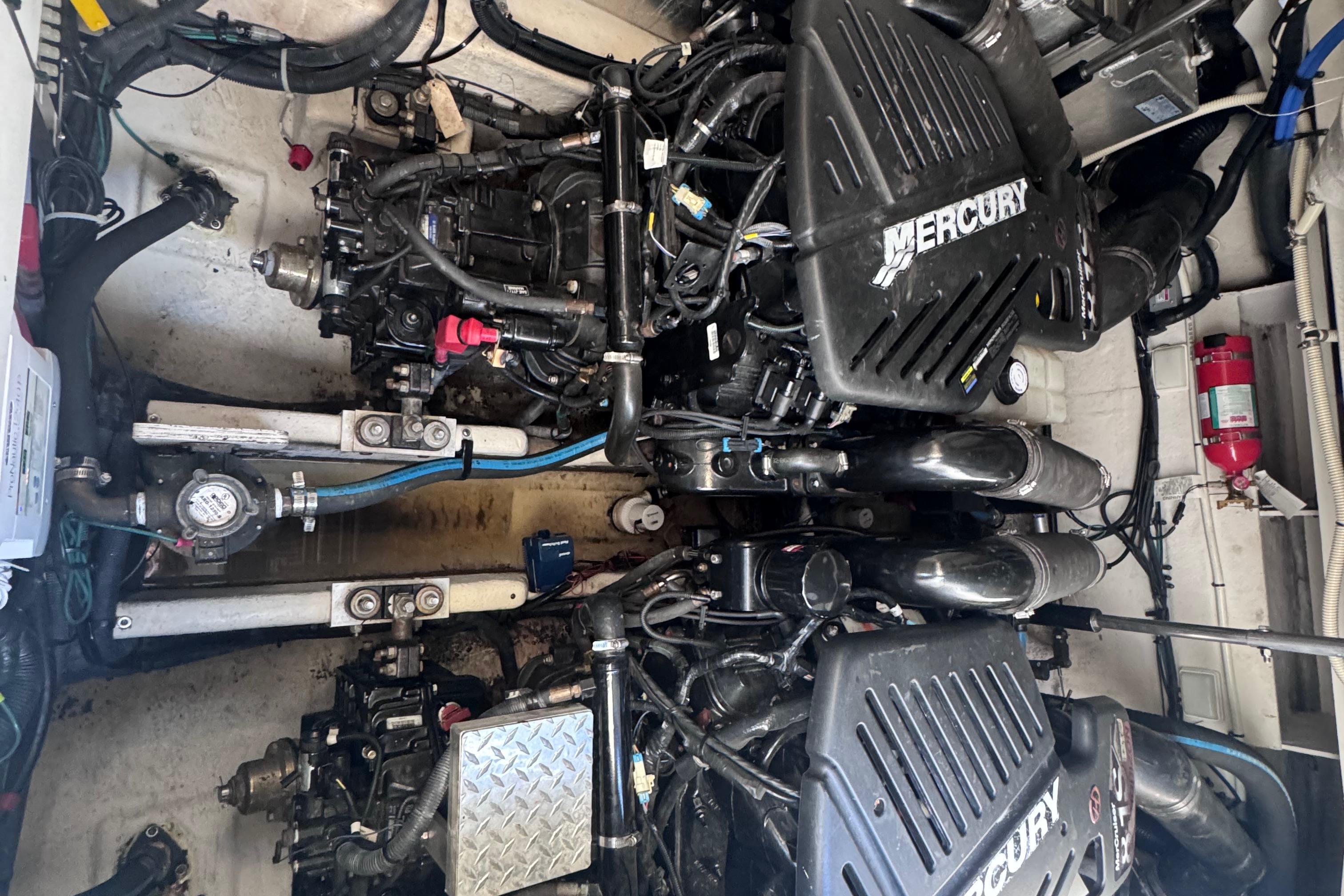 Engine room of a 2008 Sea Ray 350 Sundancer with Mercury engines.