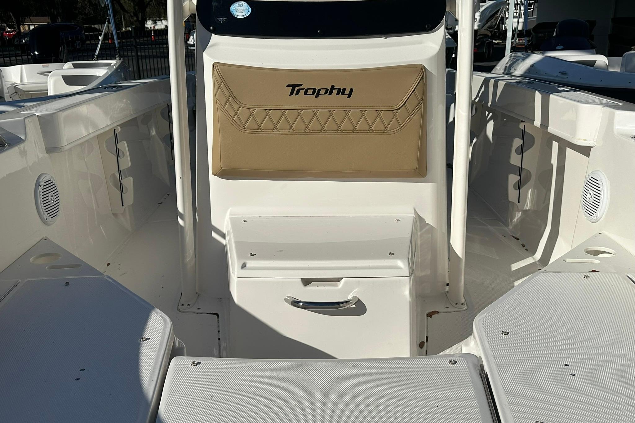 2026 Bayliner Trophy T20CC boat interior with seating and storage compartments.