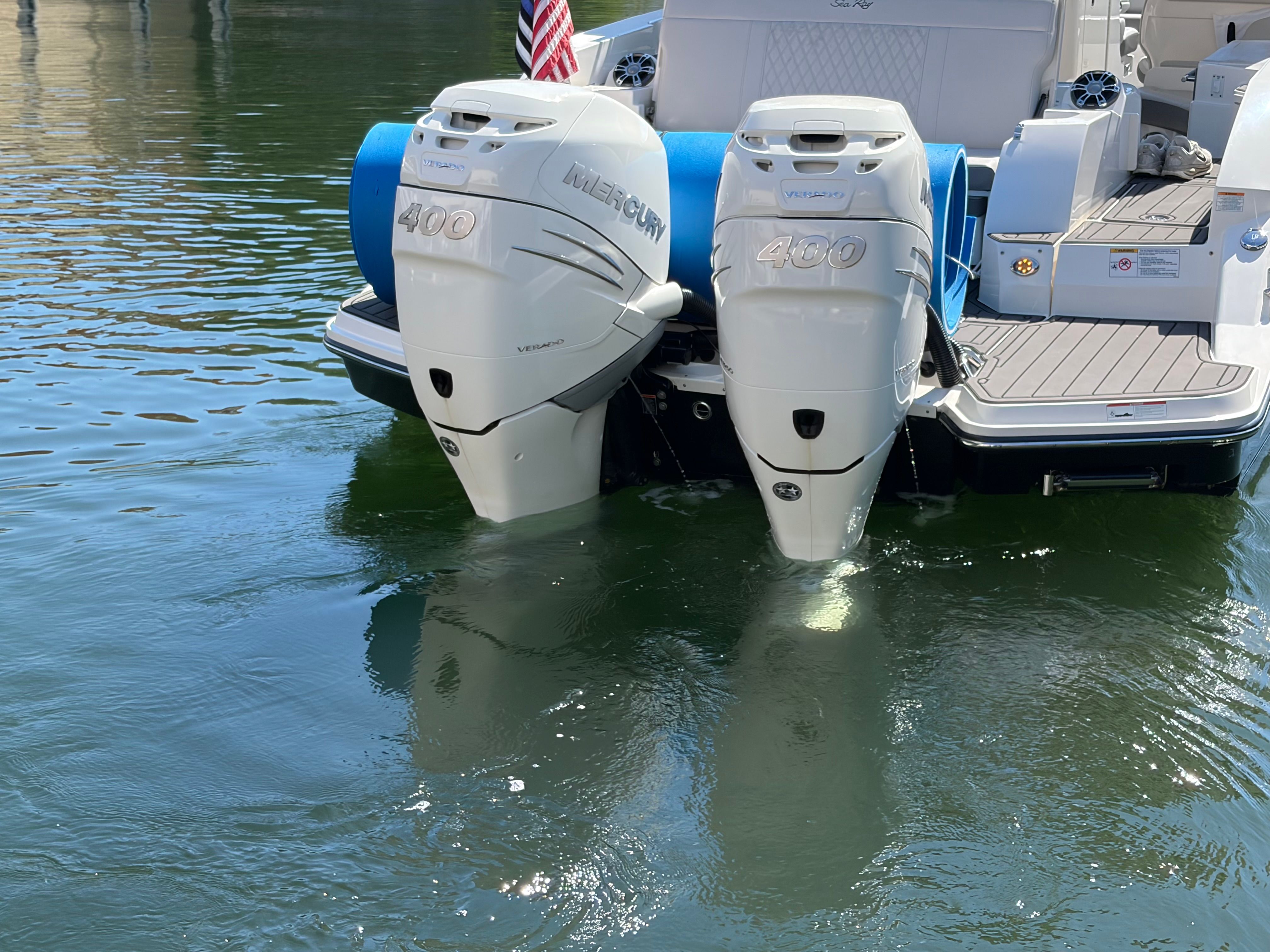 2023 Sea Ray SLX 350 Outboard with twin Mercury 400 engines.