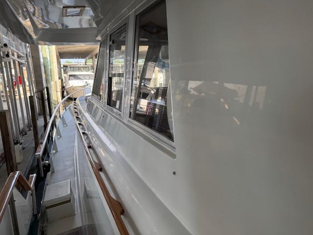 Side view of 1986 Lowland Neth Ships 50MY yacht in dock.