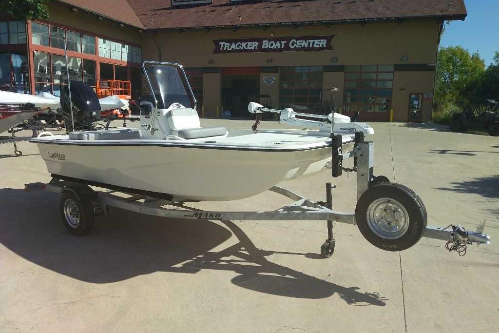 2026 Mako Pro Skiff 13 CC boat on trailer at Tracker Boat Center.