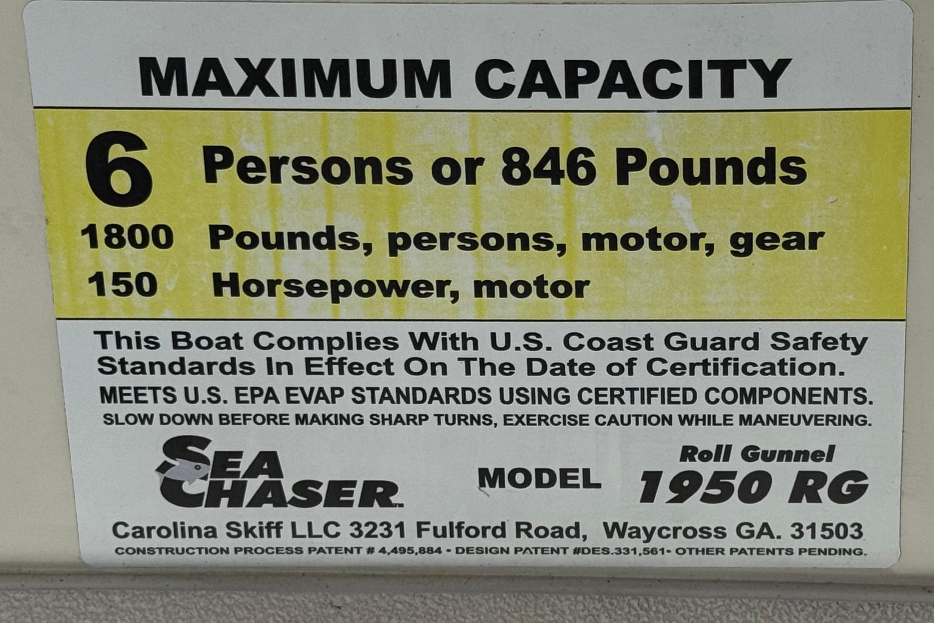 2013 Carolina Skiff Sea Chaser 1950 RG capacity label: 6 persons, 846 pounds, 150 horsepower.
