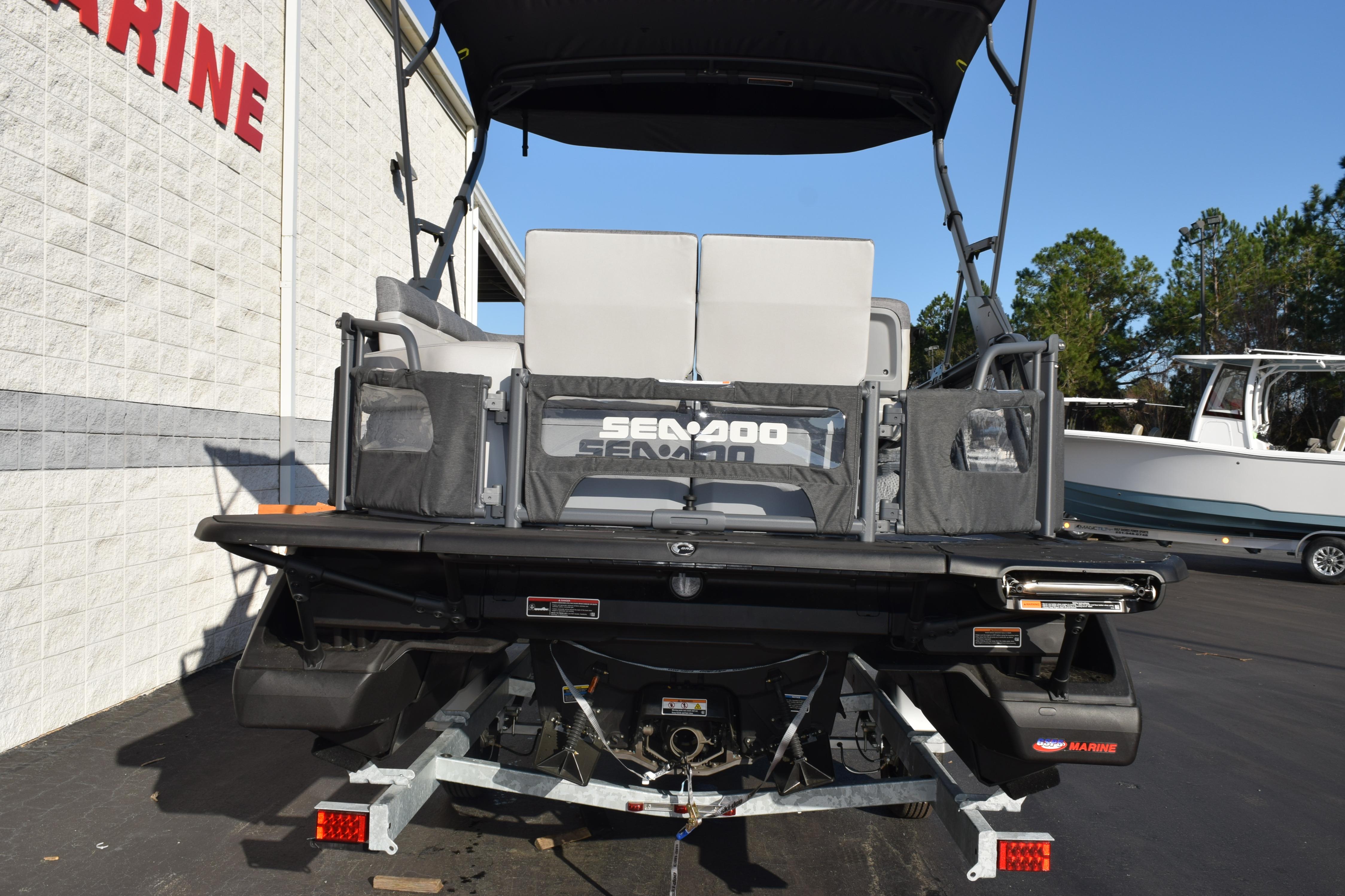 2026 Sea-Doo Switch Cruise 21 pontoon boat on trailer, rear view.