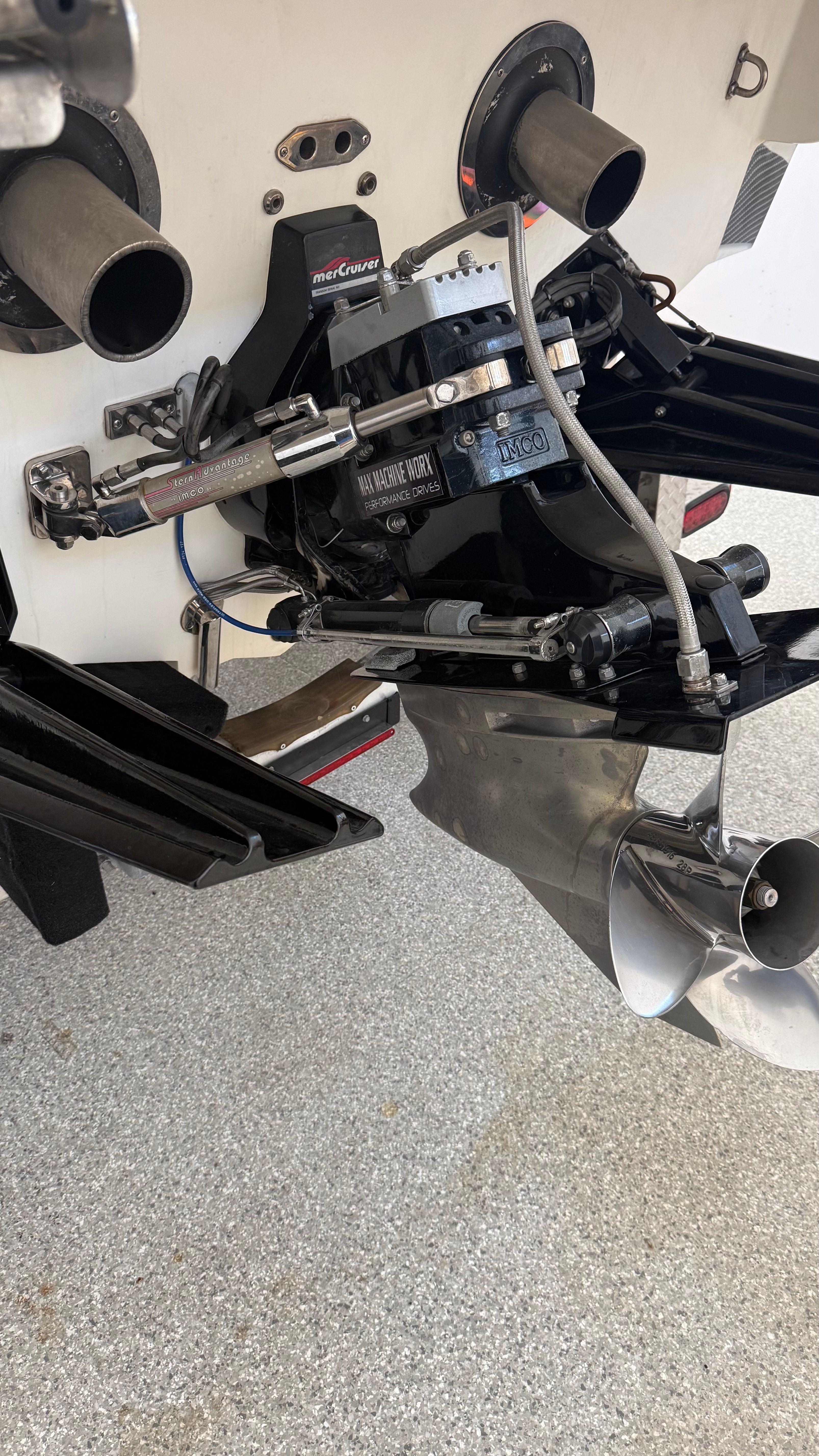 Close-up of the drive system on a 1999 Lavey Craft 2950 NuEra boat.