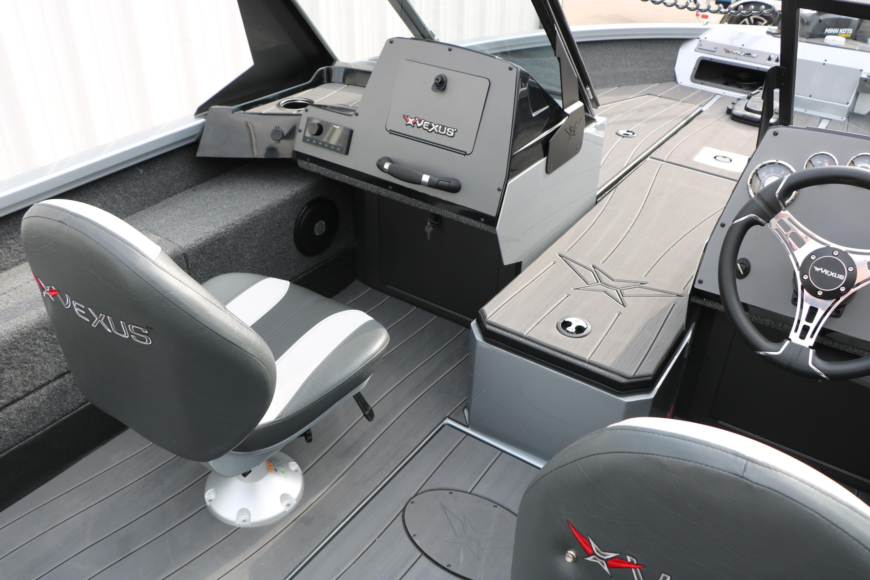 Interior of 2026 Vexus ADX 190 boat featuring sleek seating and modern dashboard design.