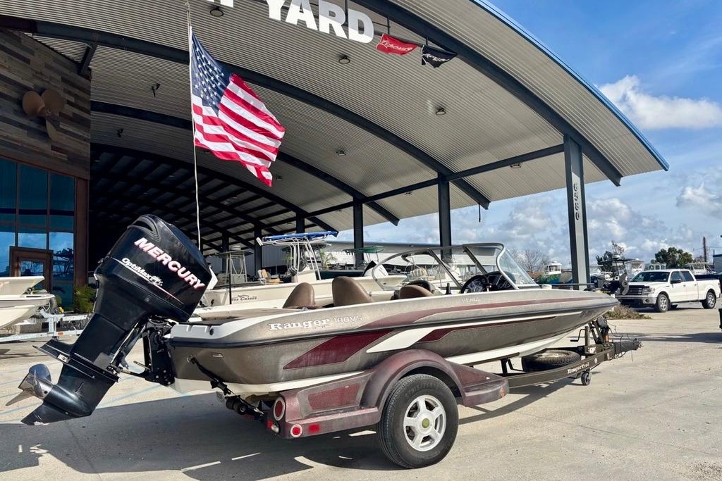 2008 Ranger 180 Reata boat with Mercury engine at a dealership, American flag displayed.