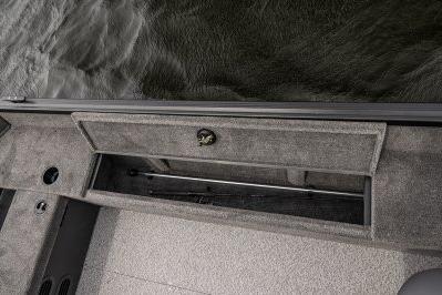 2026 Alumacraft Escape 165 CS boat interior storage compartment by the water.