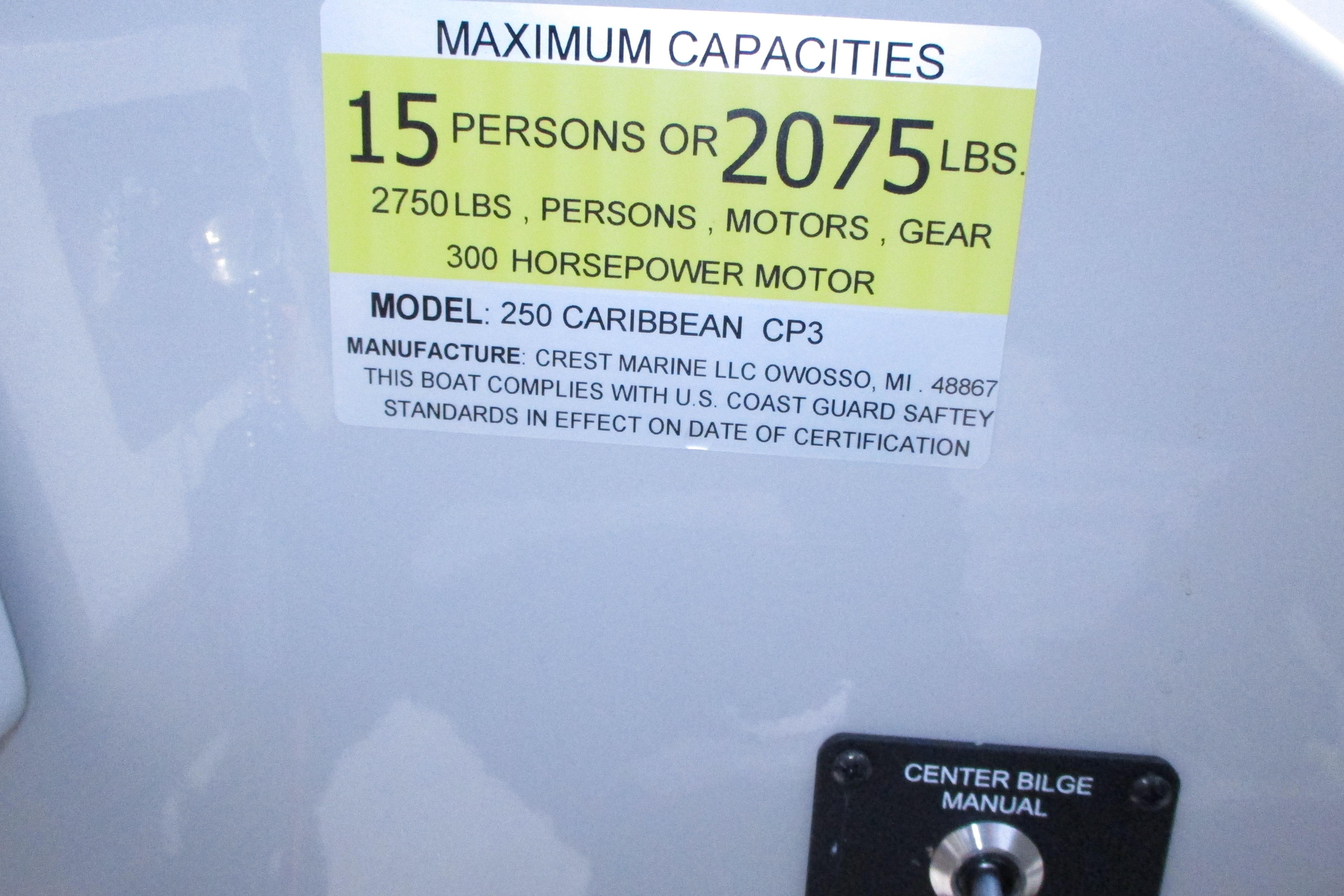 Capacity label for 2021 Crest Caribbean LX 250 SLS, 15 persons or 2075 lbs.