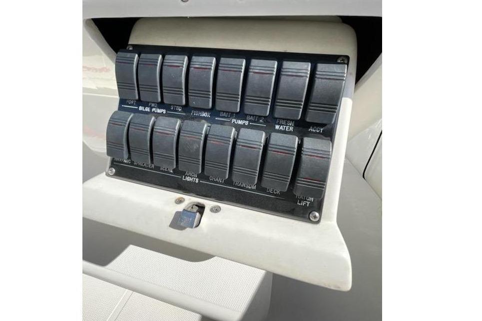 Switch panel of a 2009 Midnight Express 34 Open boat.