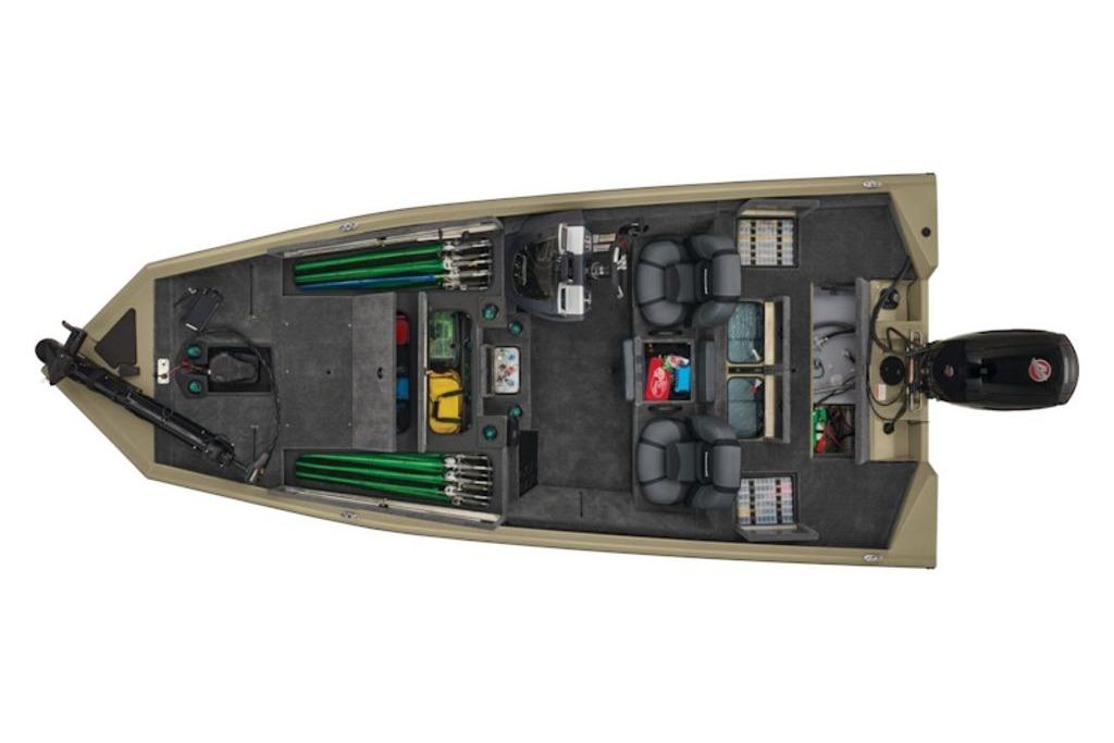 Top view of 2026 Tracker Pro Team 195 fishing boat interior layout.