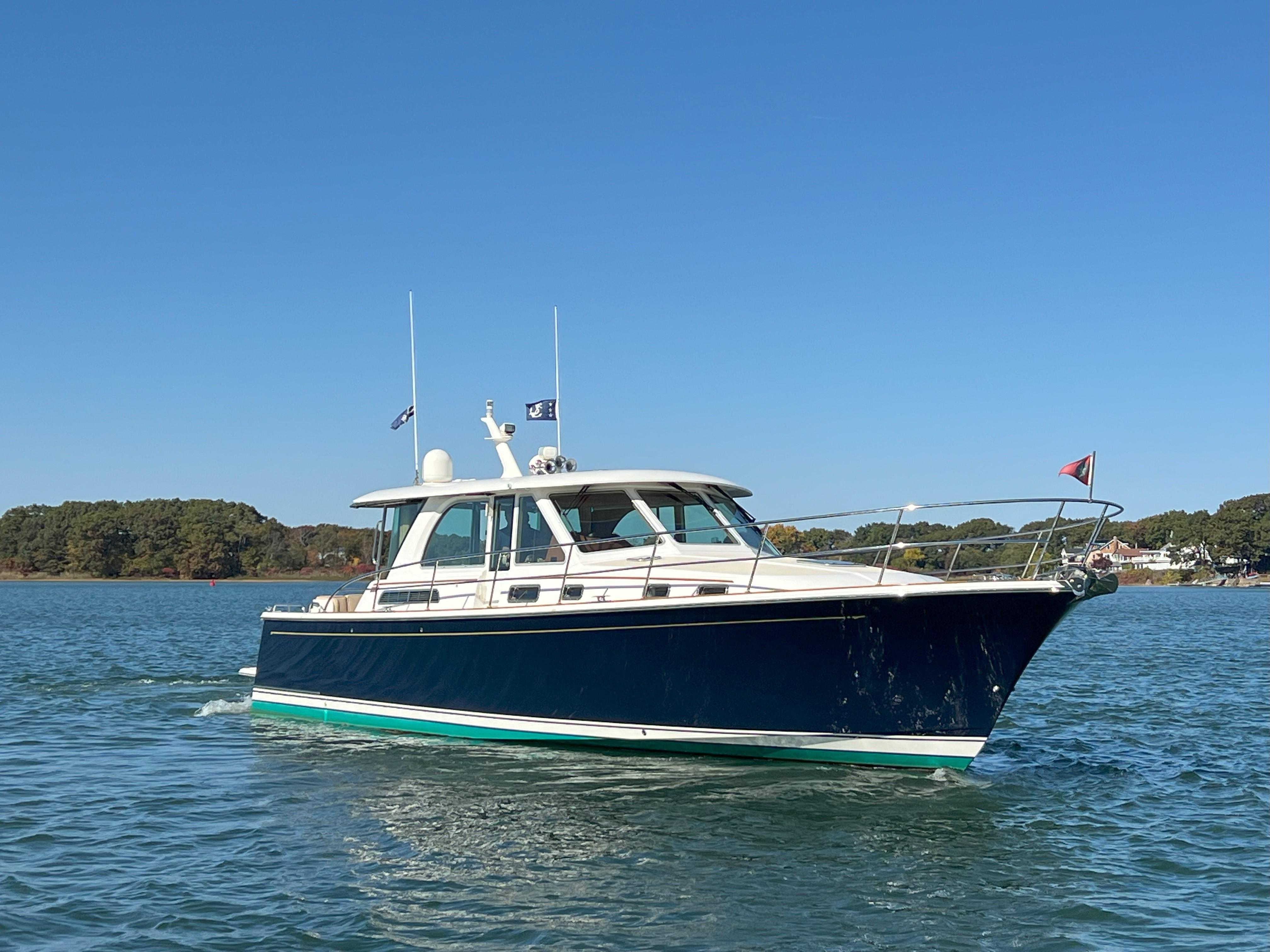 2018 Sabre 45 Salon Express yacht cruising on a sunny day.