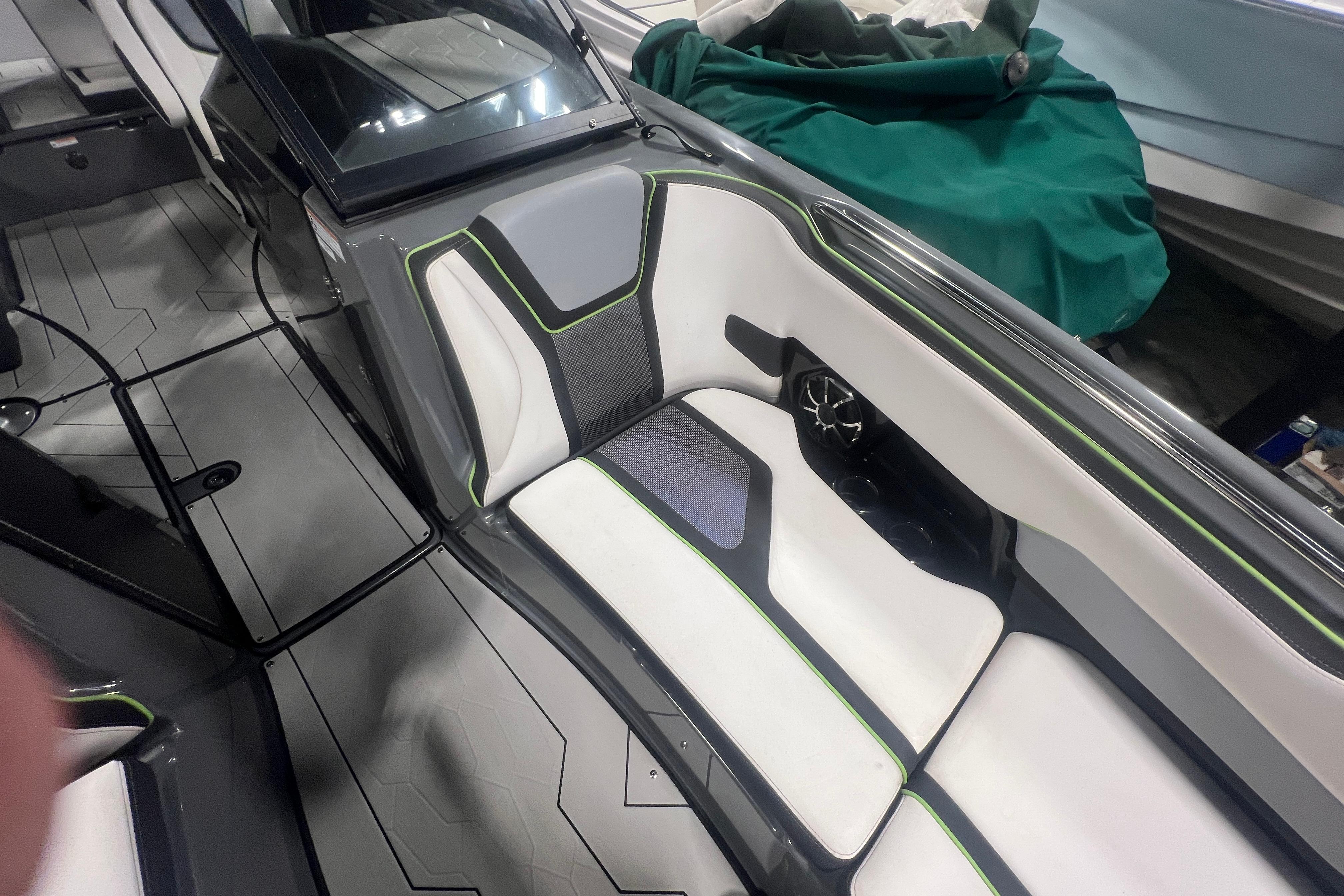 Interior of 2021 Yamaha Boats 255XD, featuring sleek seating and modern design elements.