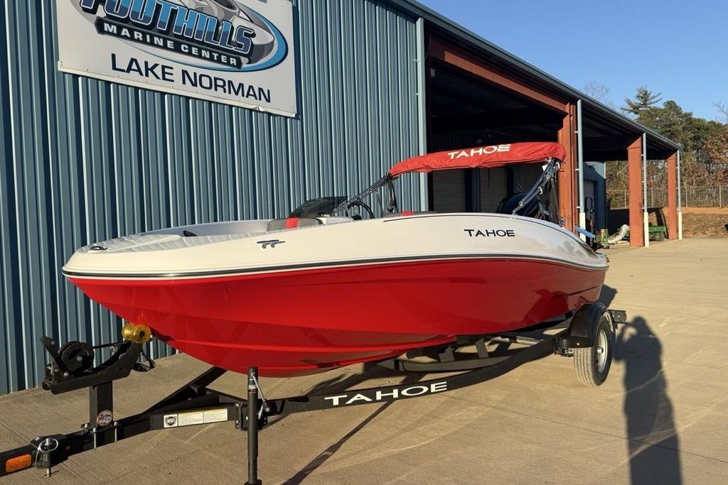 2026 Tahoe T16 boat in red and white at Foothills Marine Center, Lake Norman.