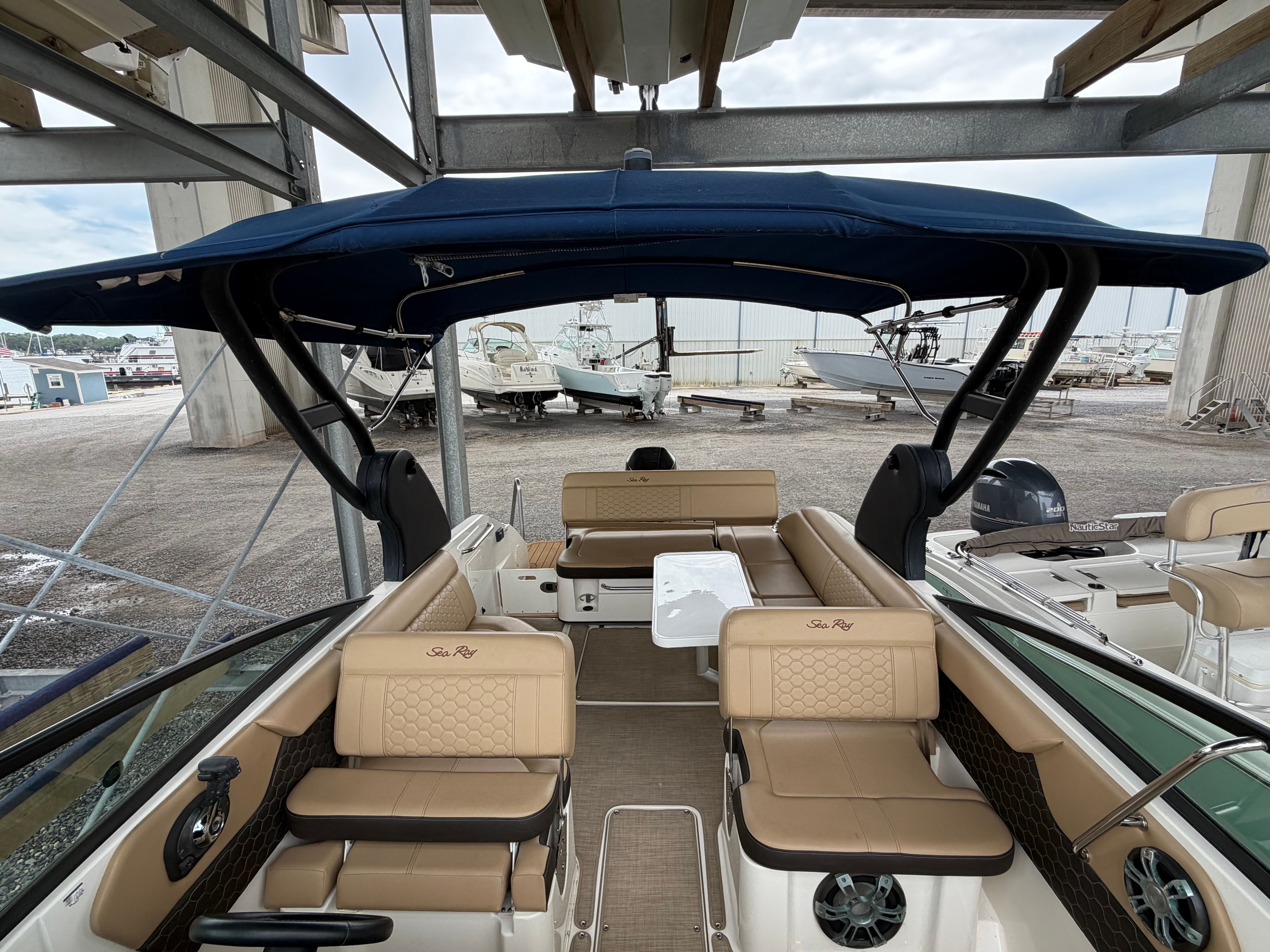 Interior view of a 2020 Sea Ray SDX 250 Outboard boat.