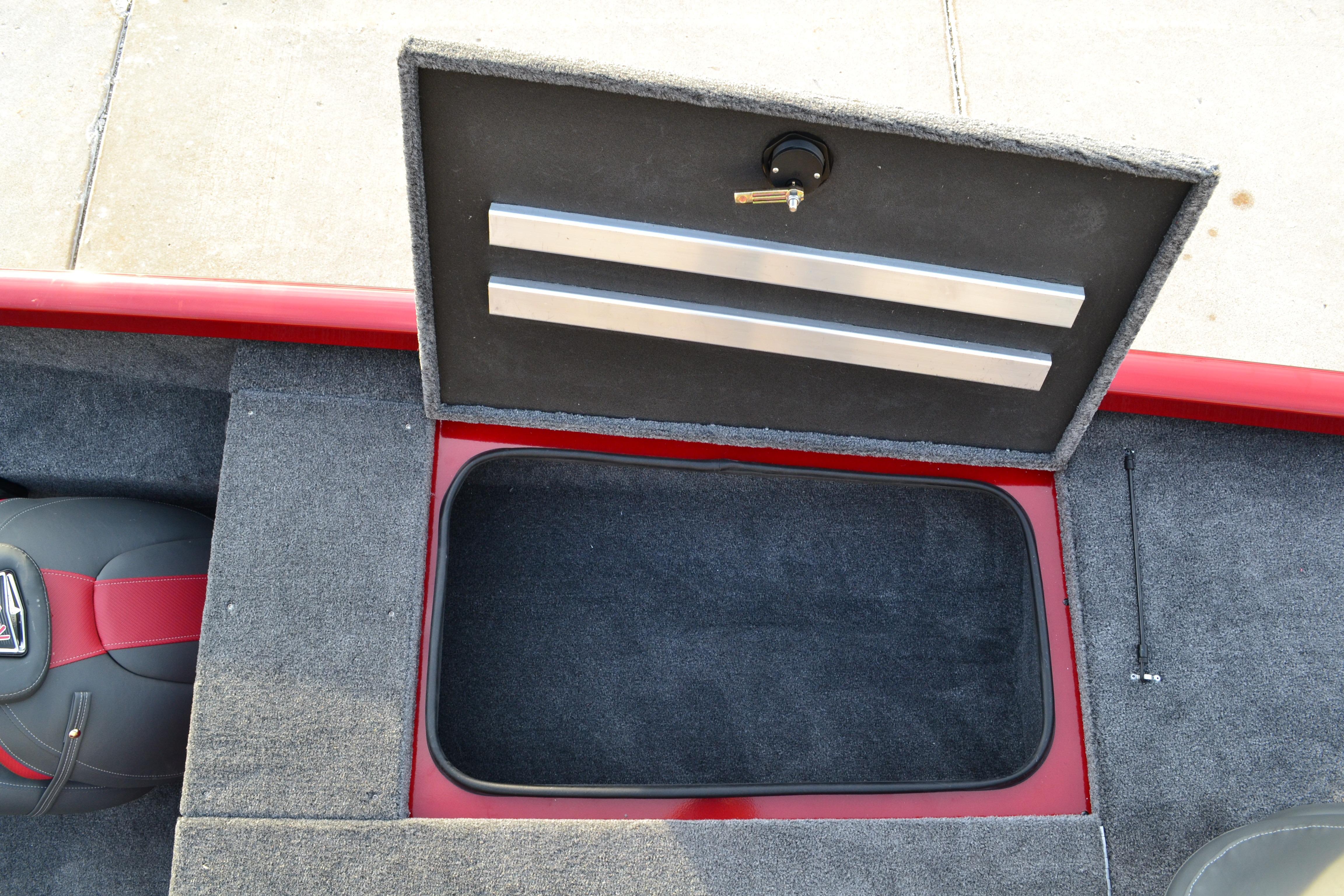 2026 Ranger RT188 boat storage compartment with open lid, showcasing interior space.