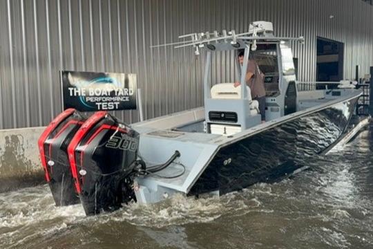 2019 Metal Shark 28 CC boat undergoing performance test in water.