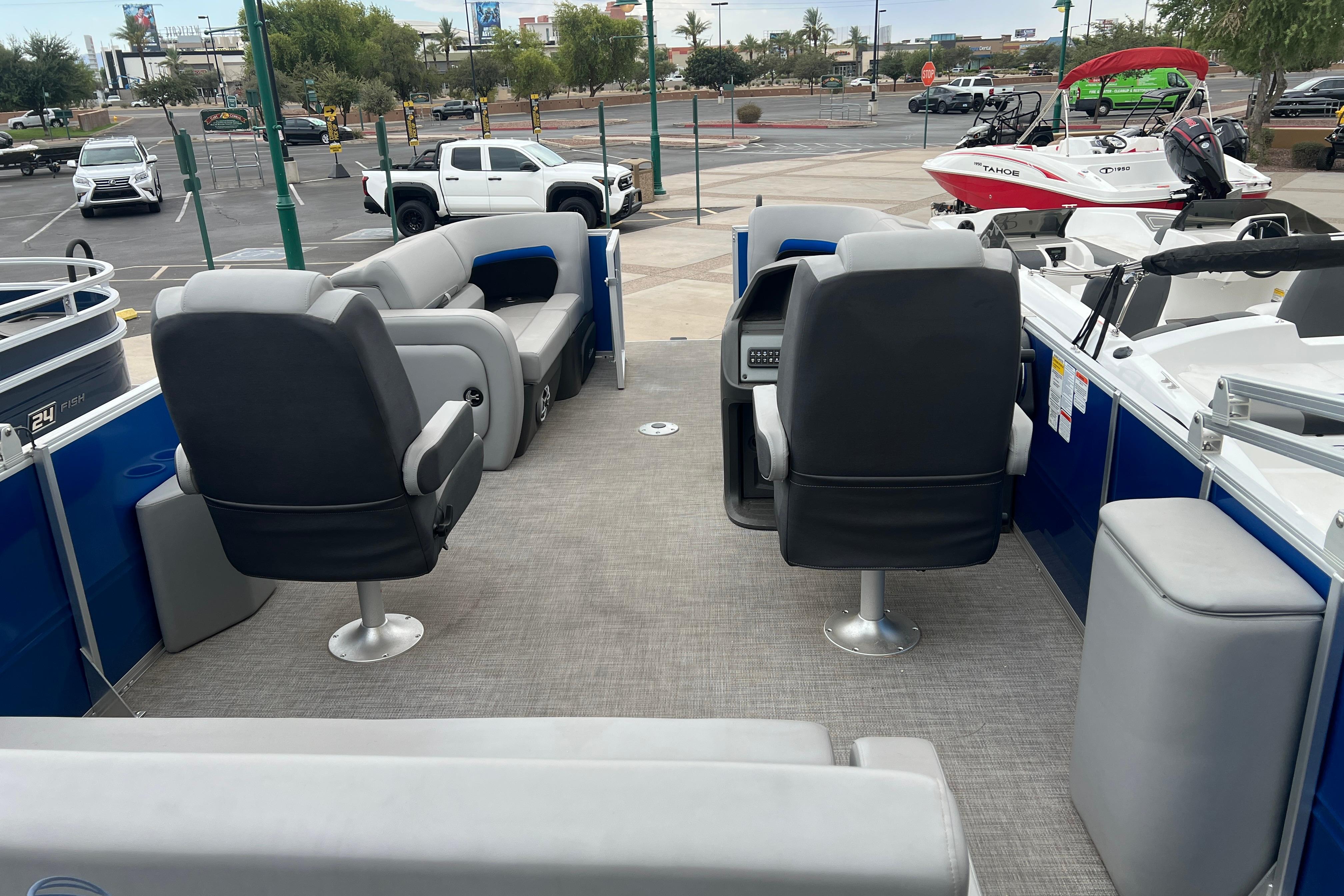 2026 Sun Tracker Party Barge 22 RF DLX interior with spacious seating and modern design.