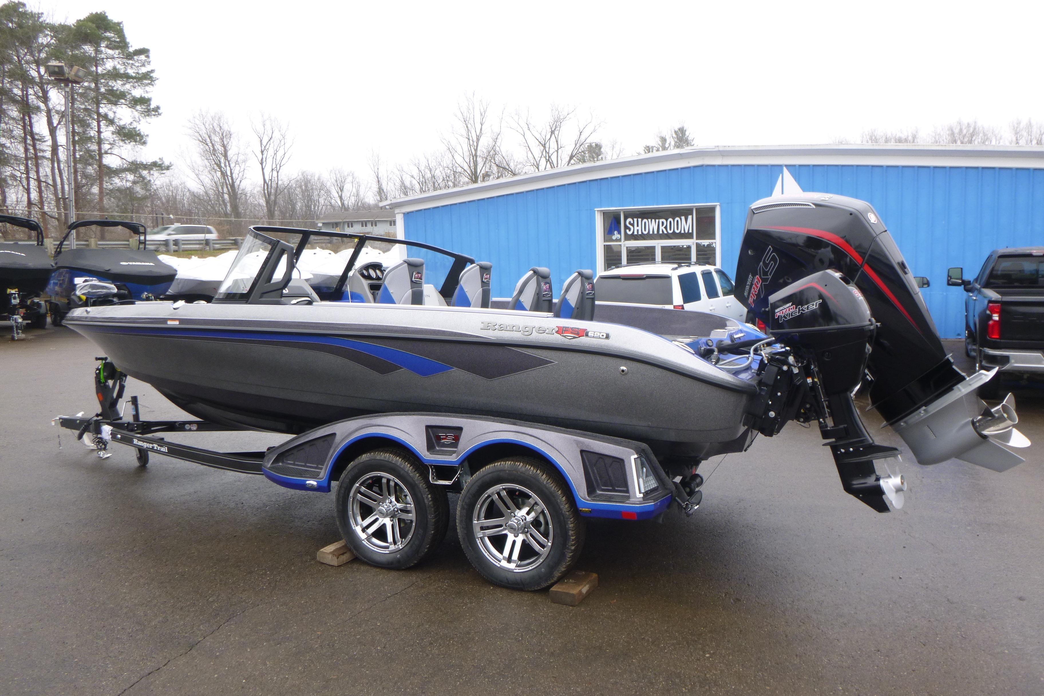 2026 Ranger 620FS Cup Equipped boat on trailer outside showroom.