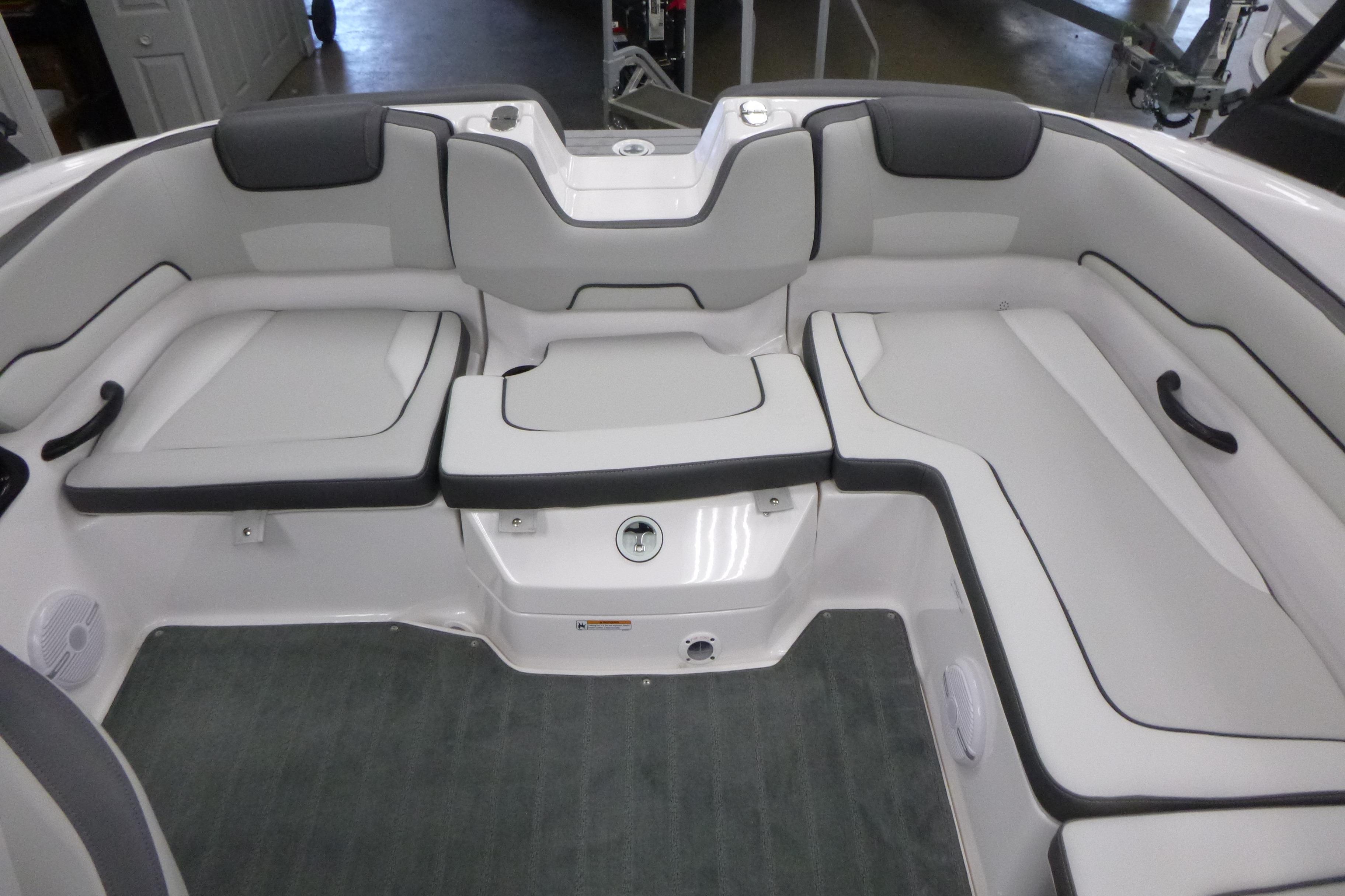 2026 Yamaha Boats AR190 interior seating with gray and white upholstery.