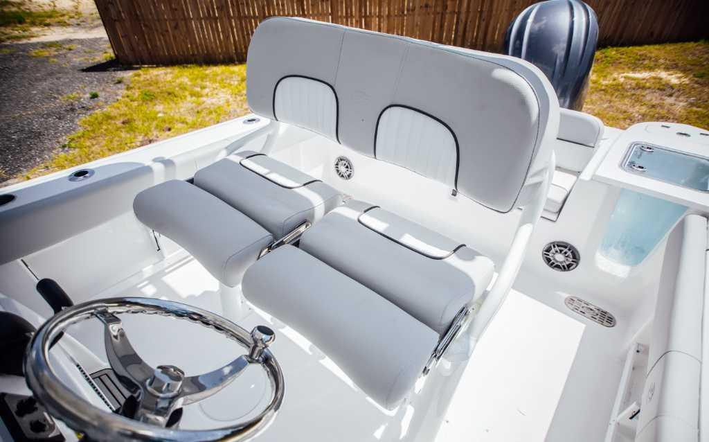 2021 Sea Fox 248 Commander boat interior with dual helm seats and steering wheel.