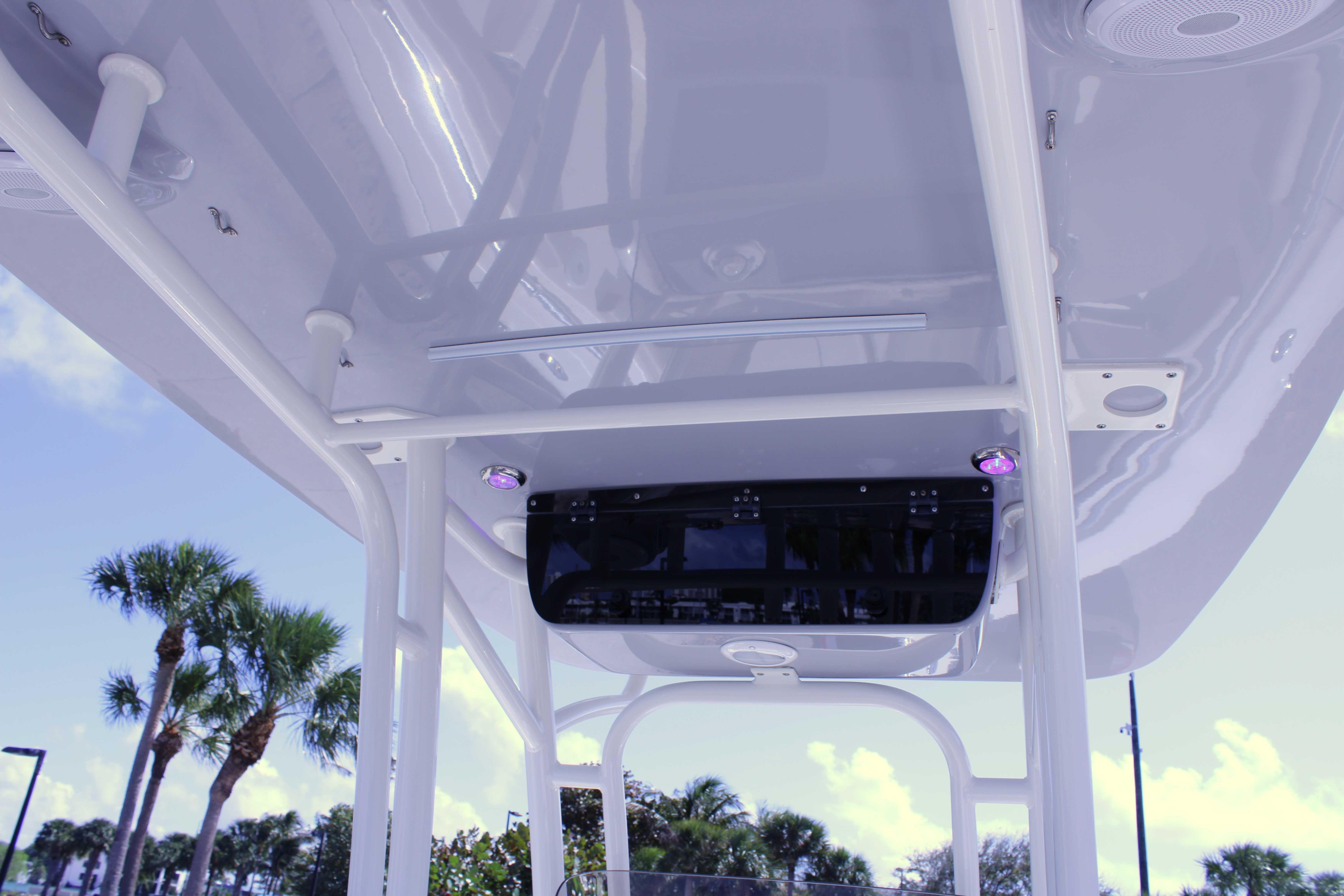 2021 Key West 239 FS boat interior with modern console and overhead view.