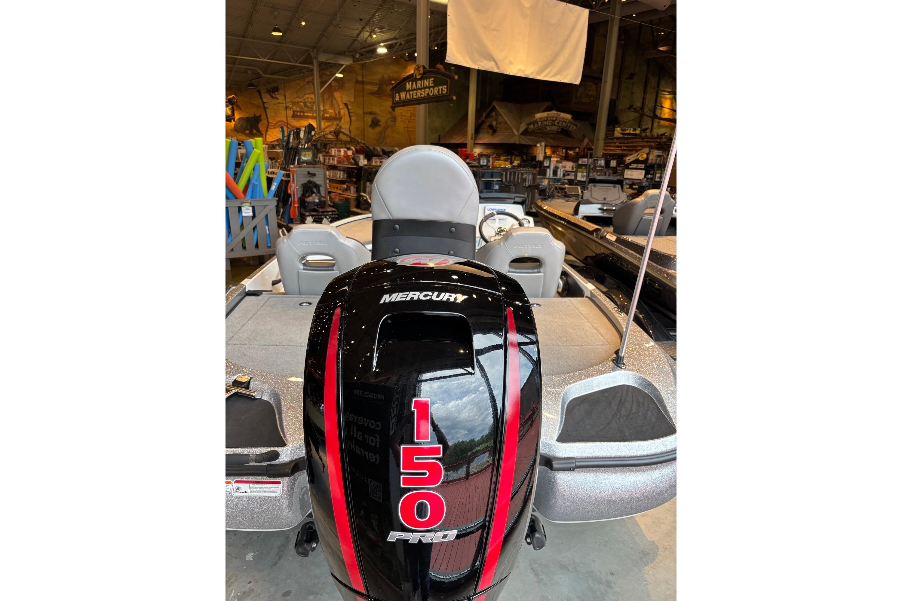 2025 Nitro Z18 boat with Mercury 150 Pro motor in showroom.