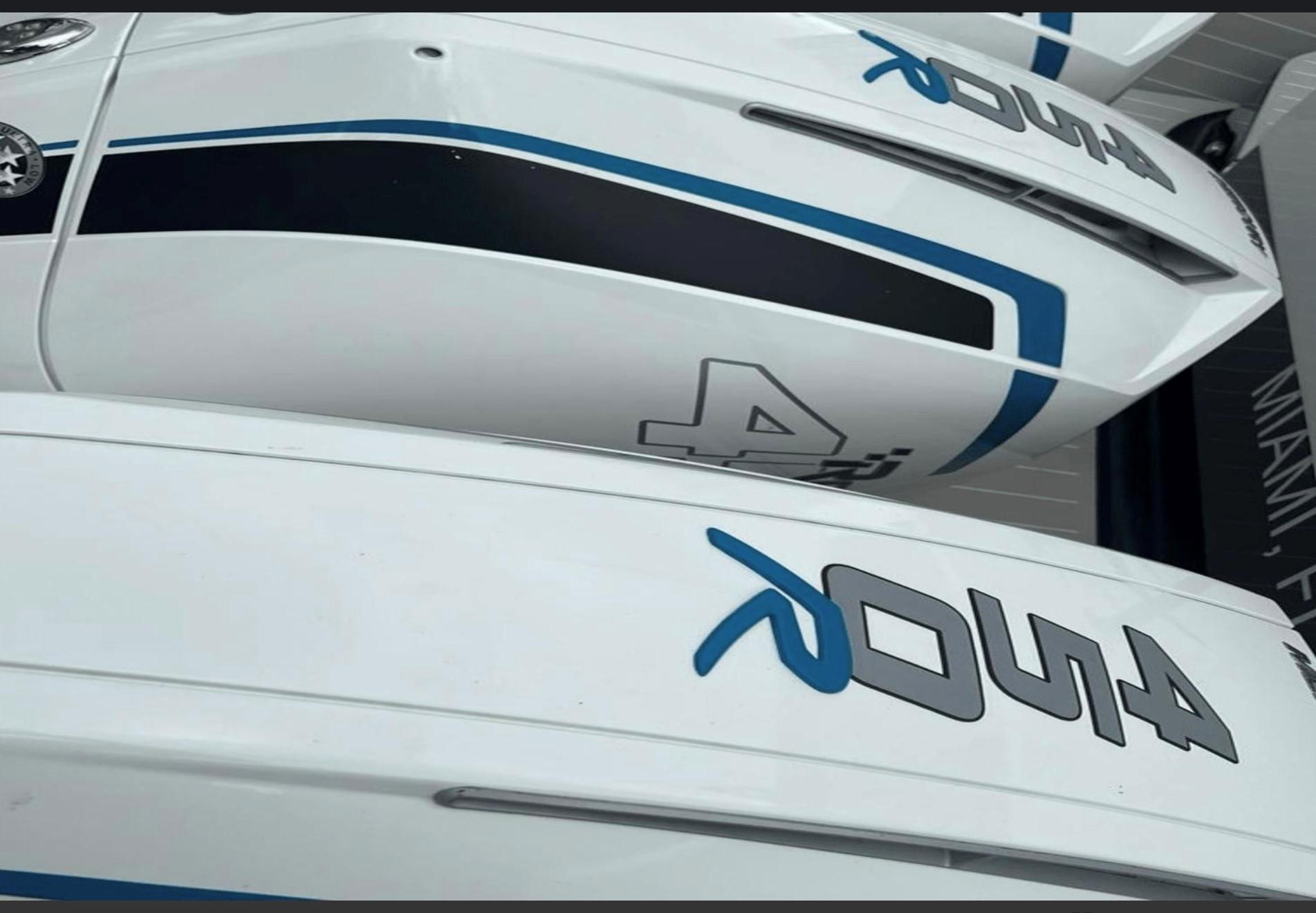 Azimut Verve 42 boat engines, 2022 model, featuring sleek white and blue design.
